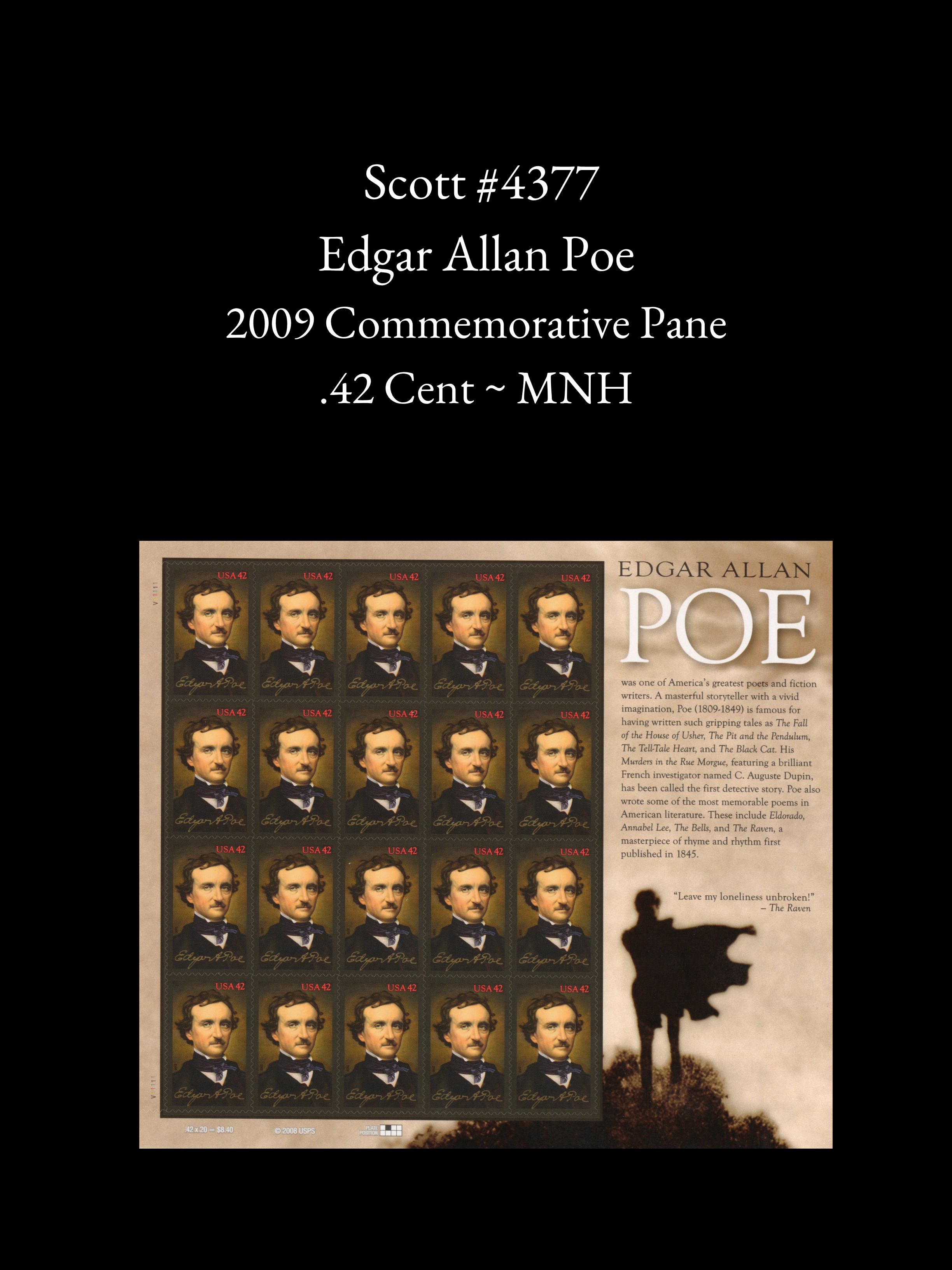 Scott #4377: Edgar Allan Poe The Raven - .42 Cent Commemorative Stamps - MNH Condition