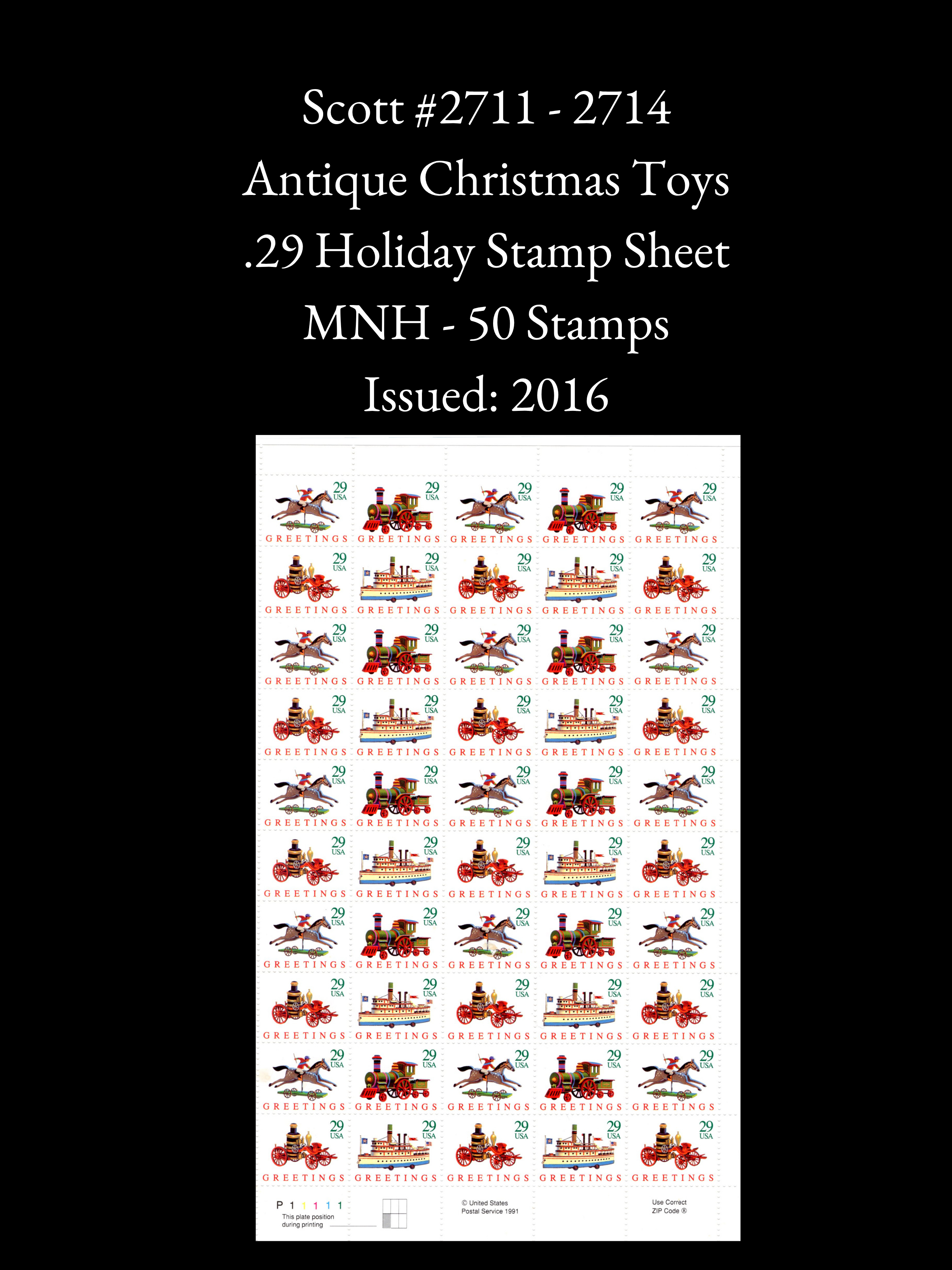Scott 2711-2714 Full Sheet (50) MInt US 29c Christmas 1992 Antique Toy Greetings Stamps (MNH)