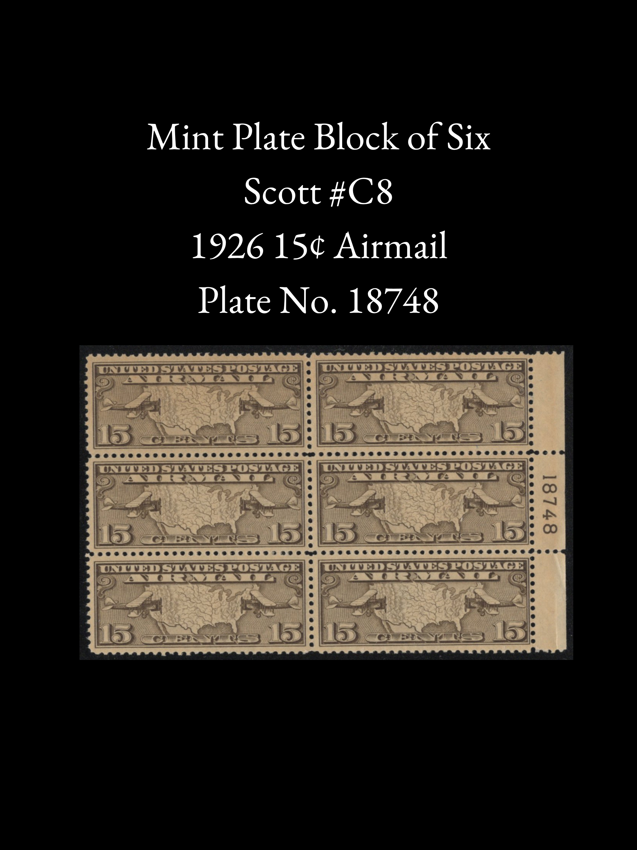 Scott #C8 - 1926 15¢ Airmail “Map and Airplane” Mint Plate Block of 6 