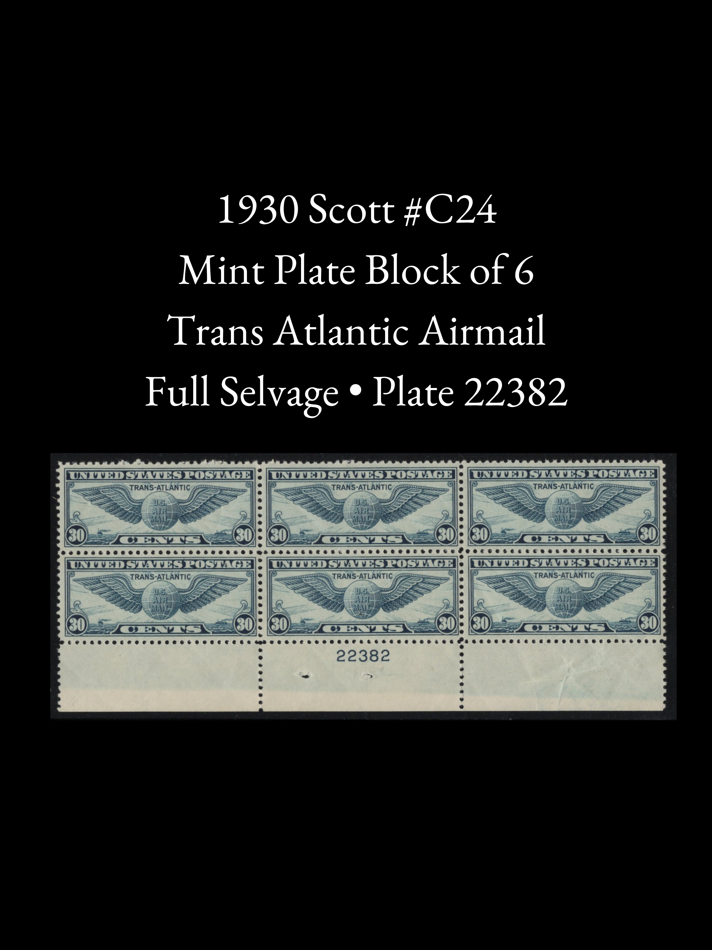 Scott #C24 – 1939 30c Transatlantic Airmail Rate Premium Mint Plate Block of Six 