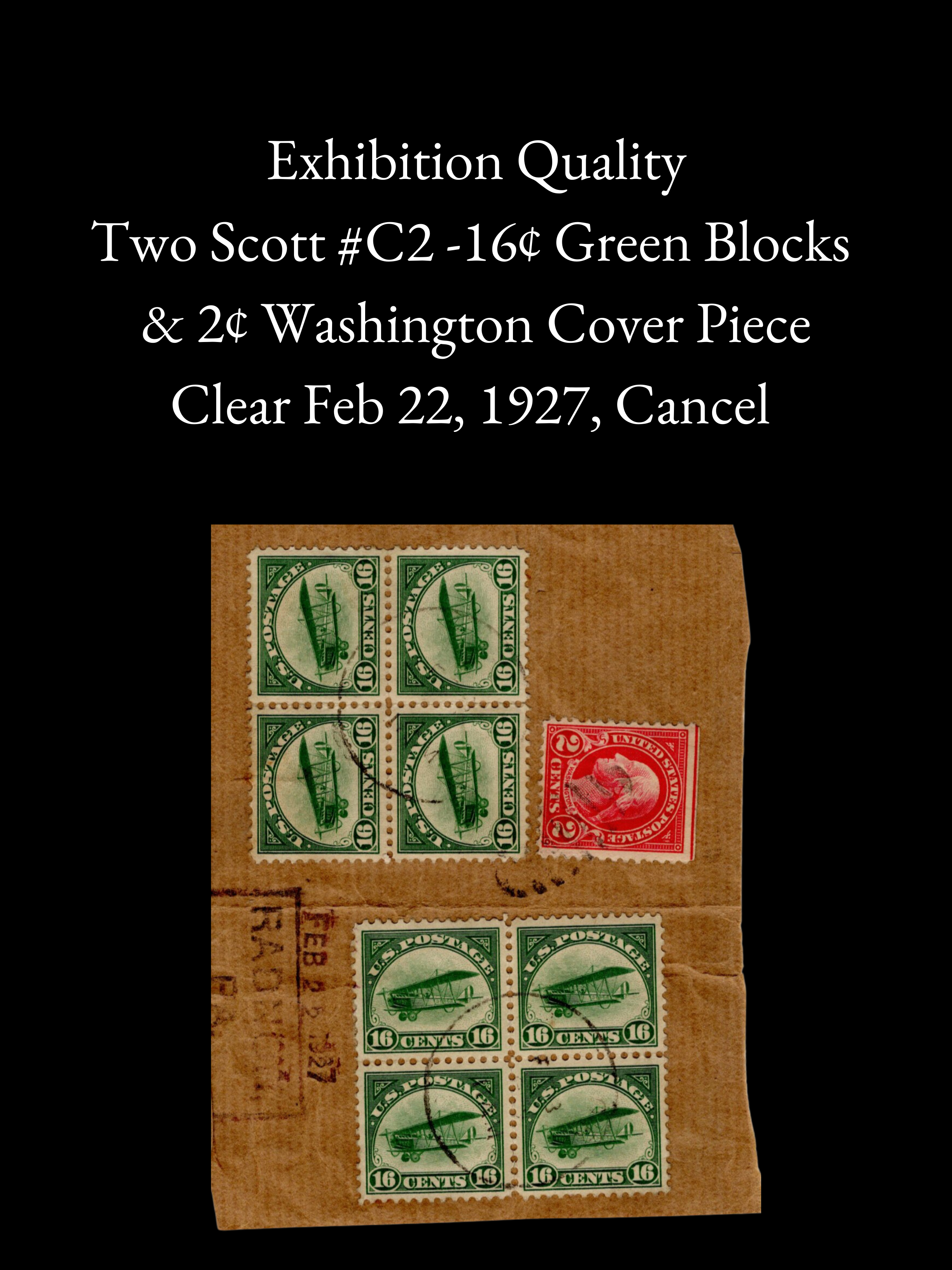 Two Scott #C2 - 16¢ Green "Jenny" Blocks of 4 & 2¢ Washington on Canceled 1927 Cover
