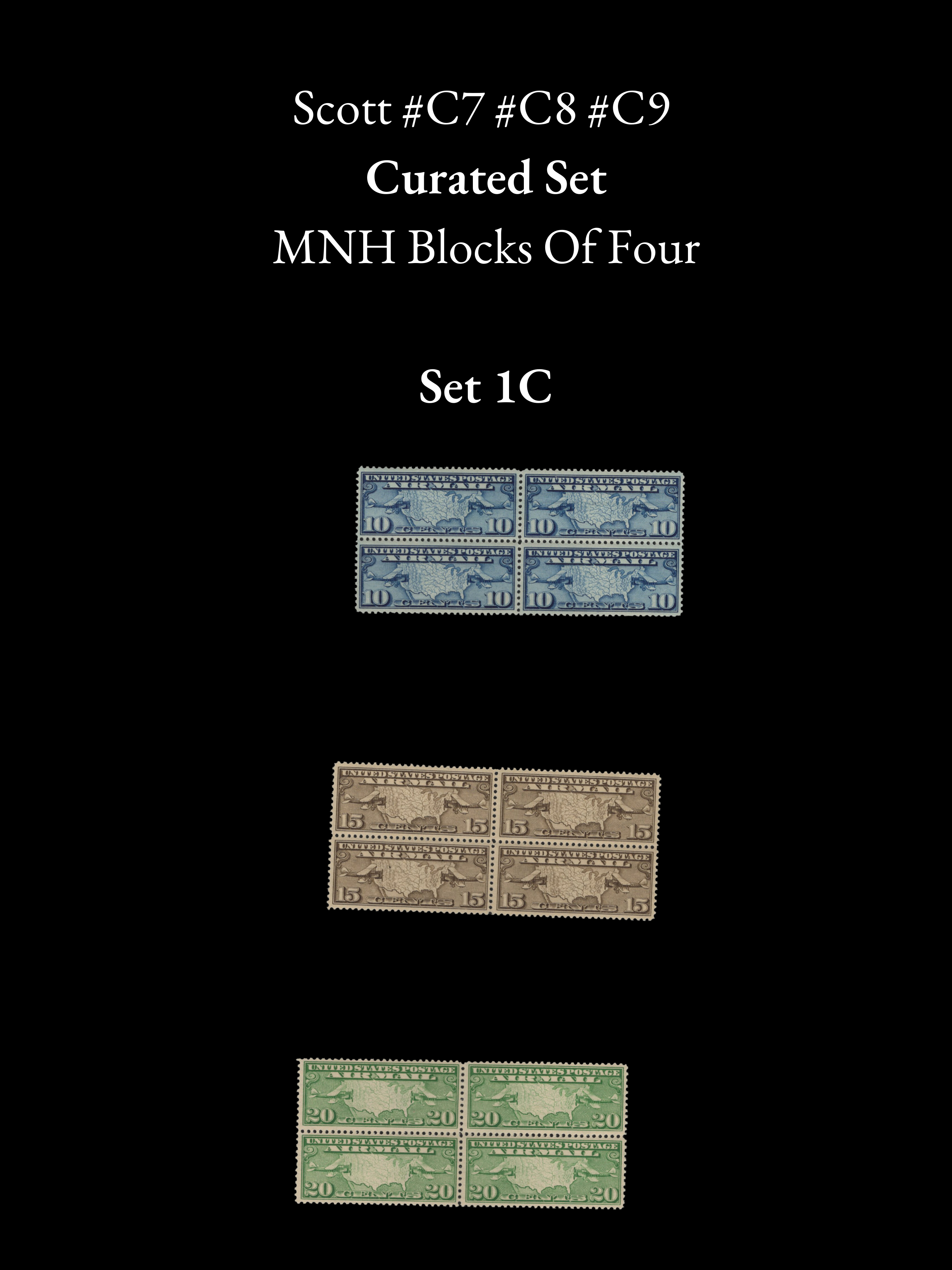 Scott #C7 #C8 #C9 - Curated US Airmail Map Stamp Sets -  MNH Blocks of 4 & 6 Plate Number Options