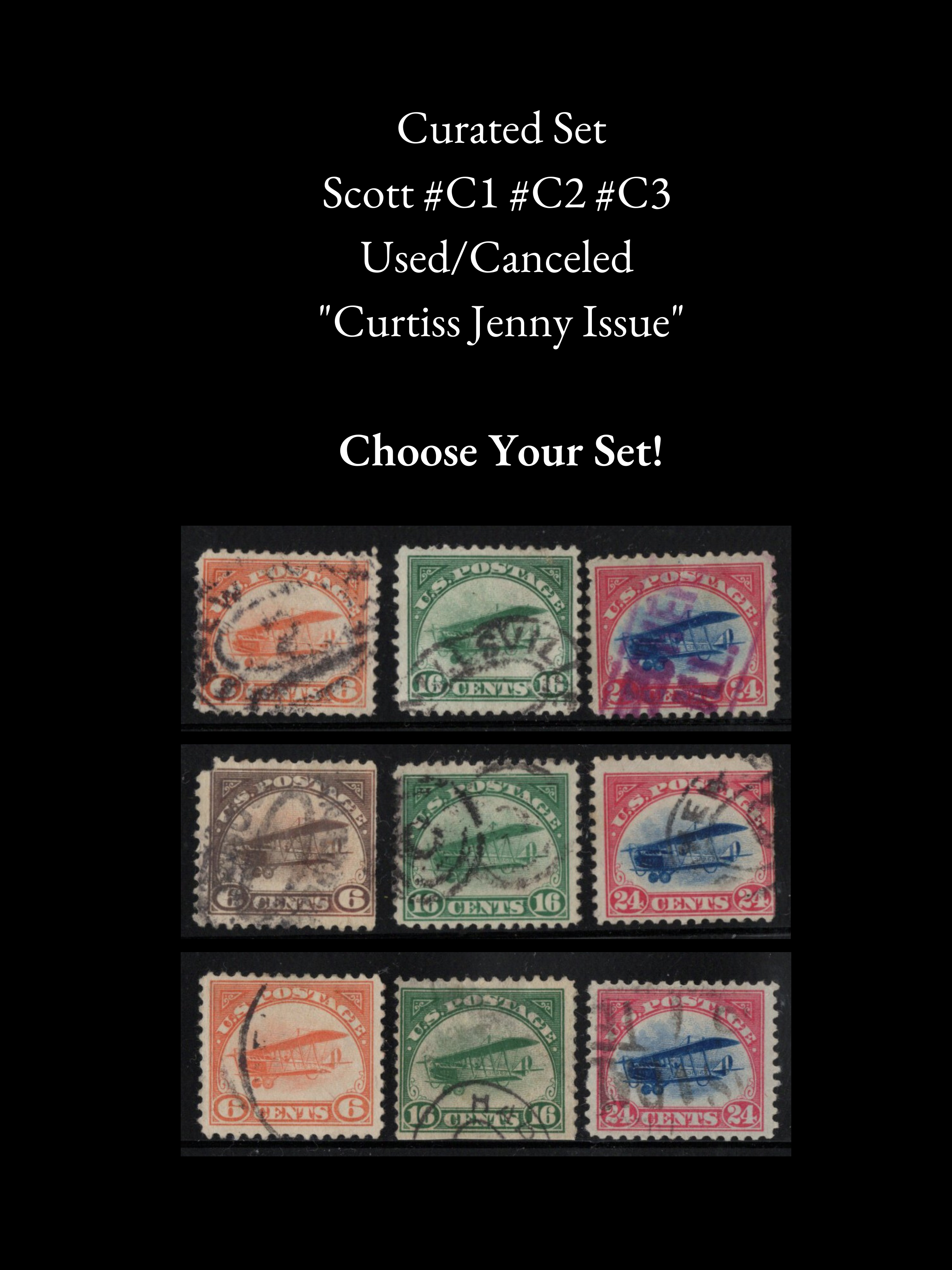 Scott #C1 #C2 #C3 - 1918 Jenny Airmail Stamps - Canceled Trio - Choose Your Curated Set