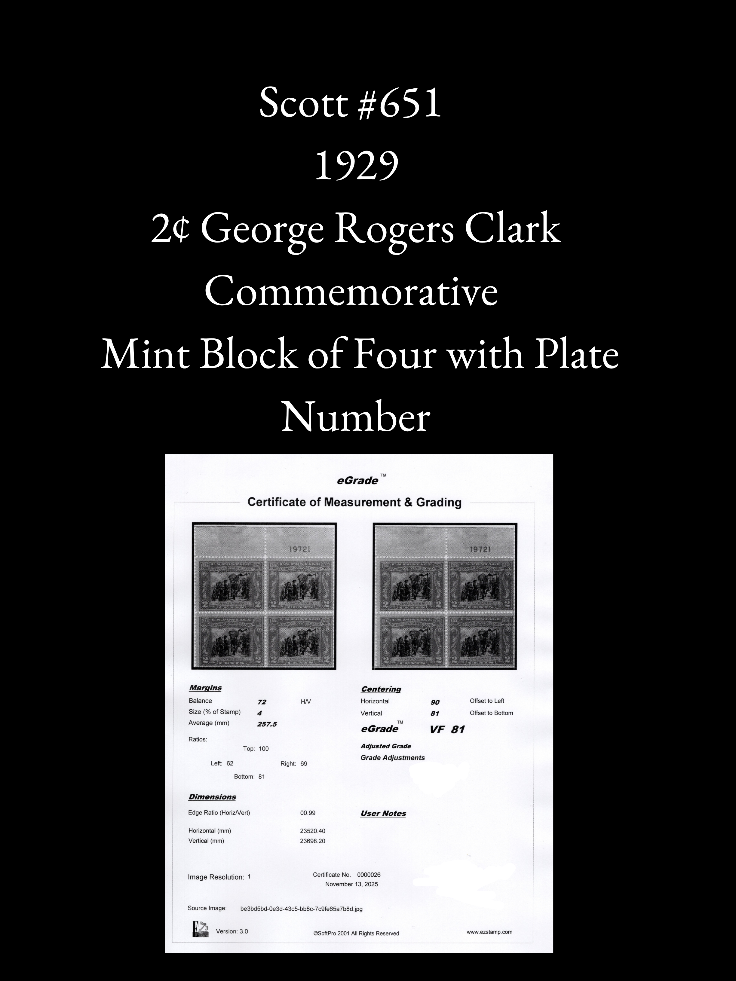 Scott #651 – 1929 2¢ George Rogers Clark Commemorative – Mint Block of Four with Plate Number