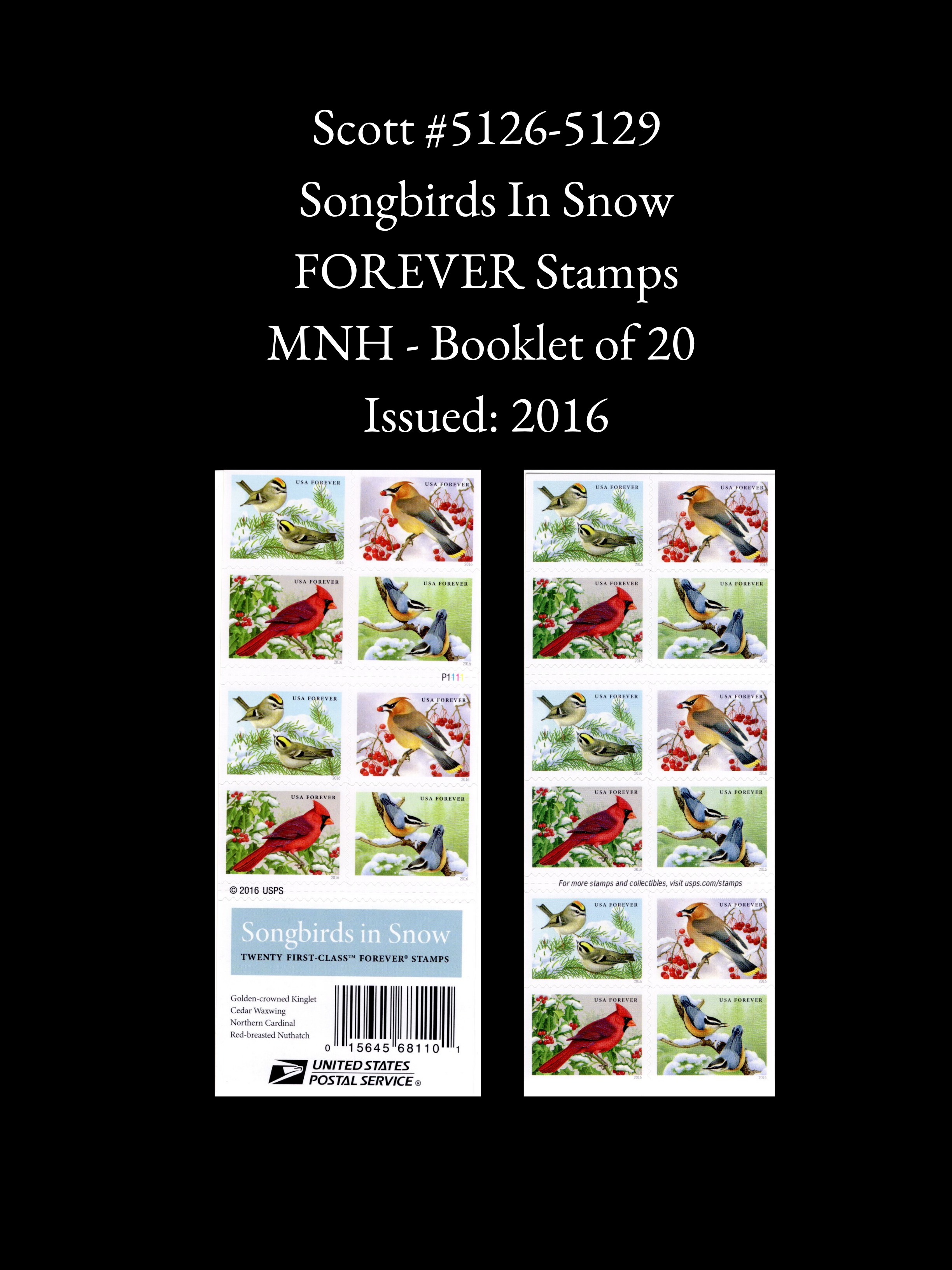 Scott #5126-5129: MNH Pane of 20 Songbirds in Snow Forever Stamps