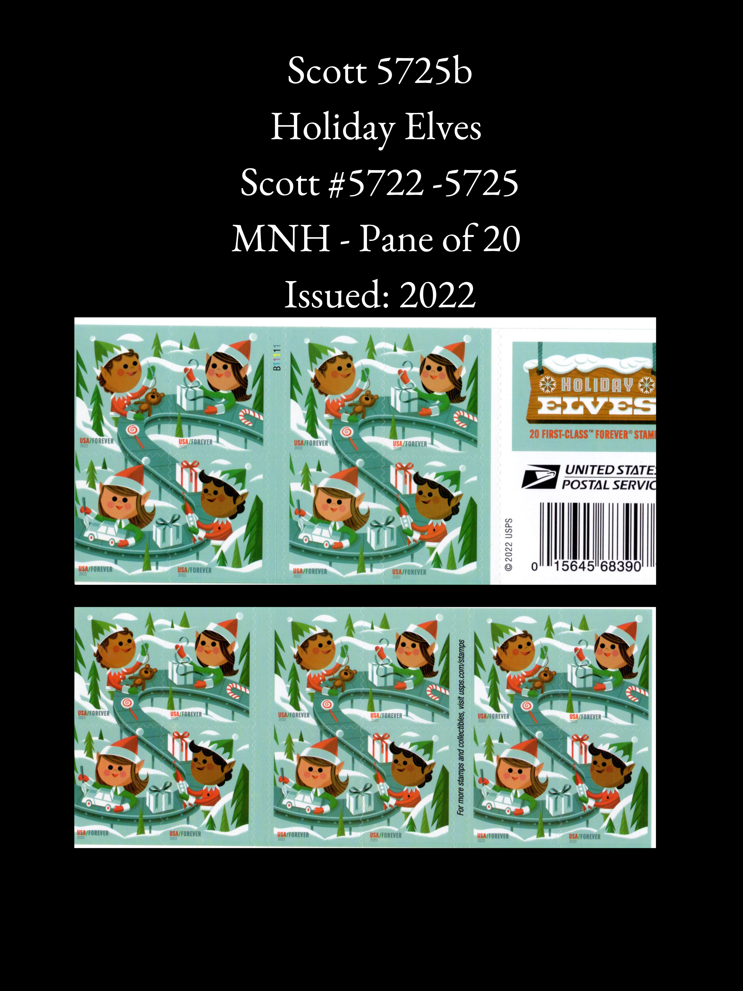 Scott 5725b: Holiday Elves 2022 Full Pane of 20 - Pristine Mint Never Hinged (MNH)