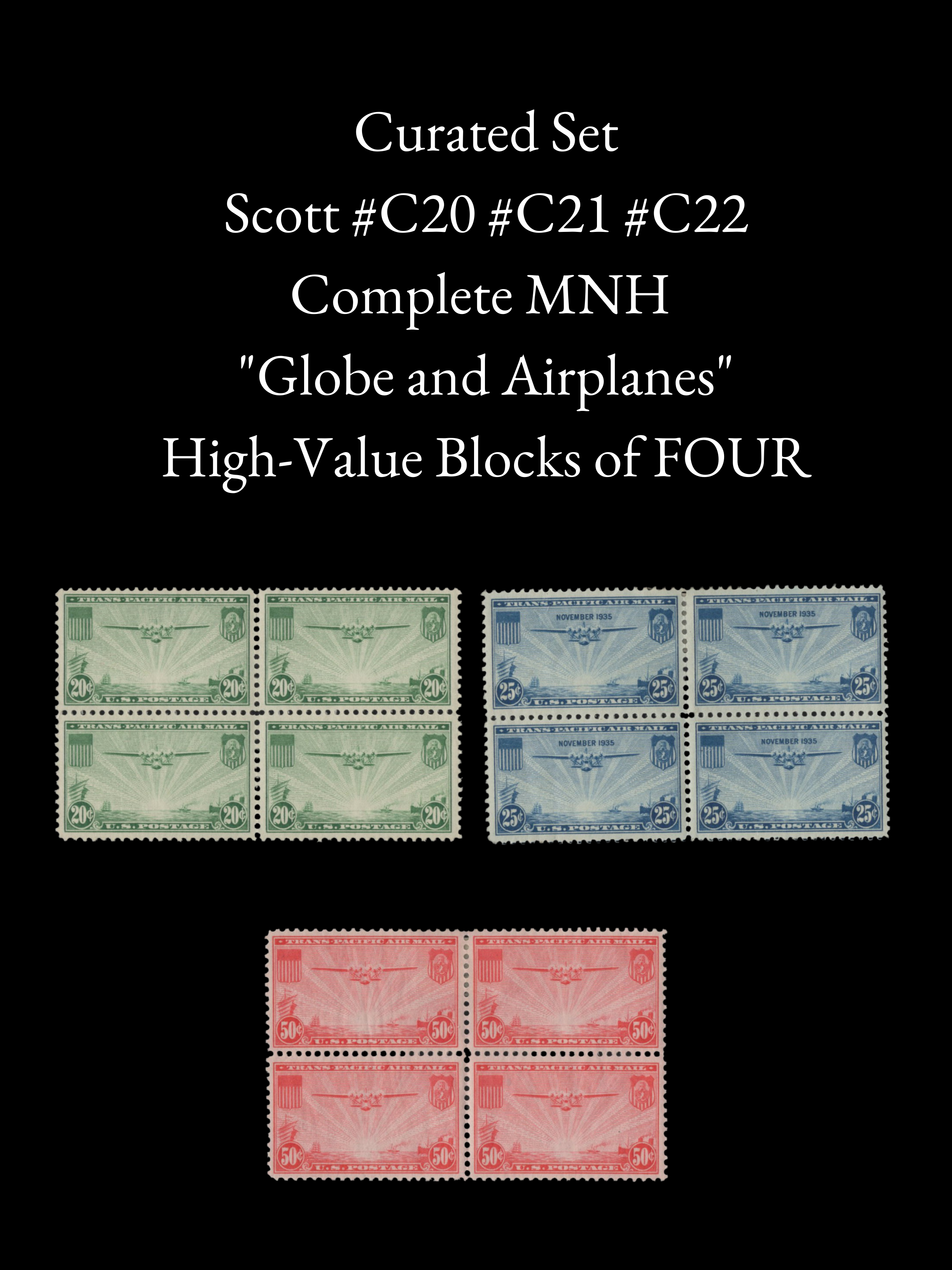 Scott #C20 #C21 #C22 – Trans-Pacific Airmail MNH Blocks of FOUR – Investment Grade Set