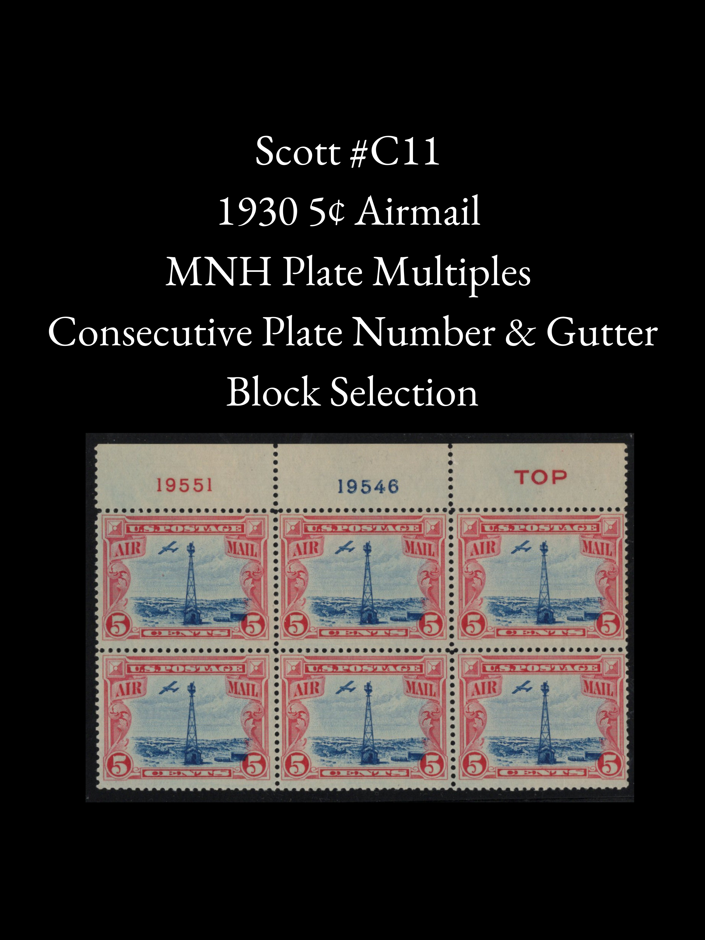Scott #C11 1930 5¢ Airmail MNH Plate Multiples - Consecutive Plate Number & Gutter Block Selection