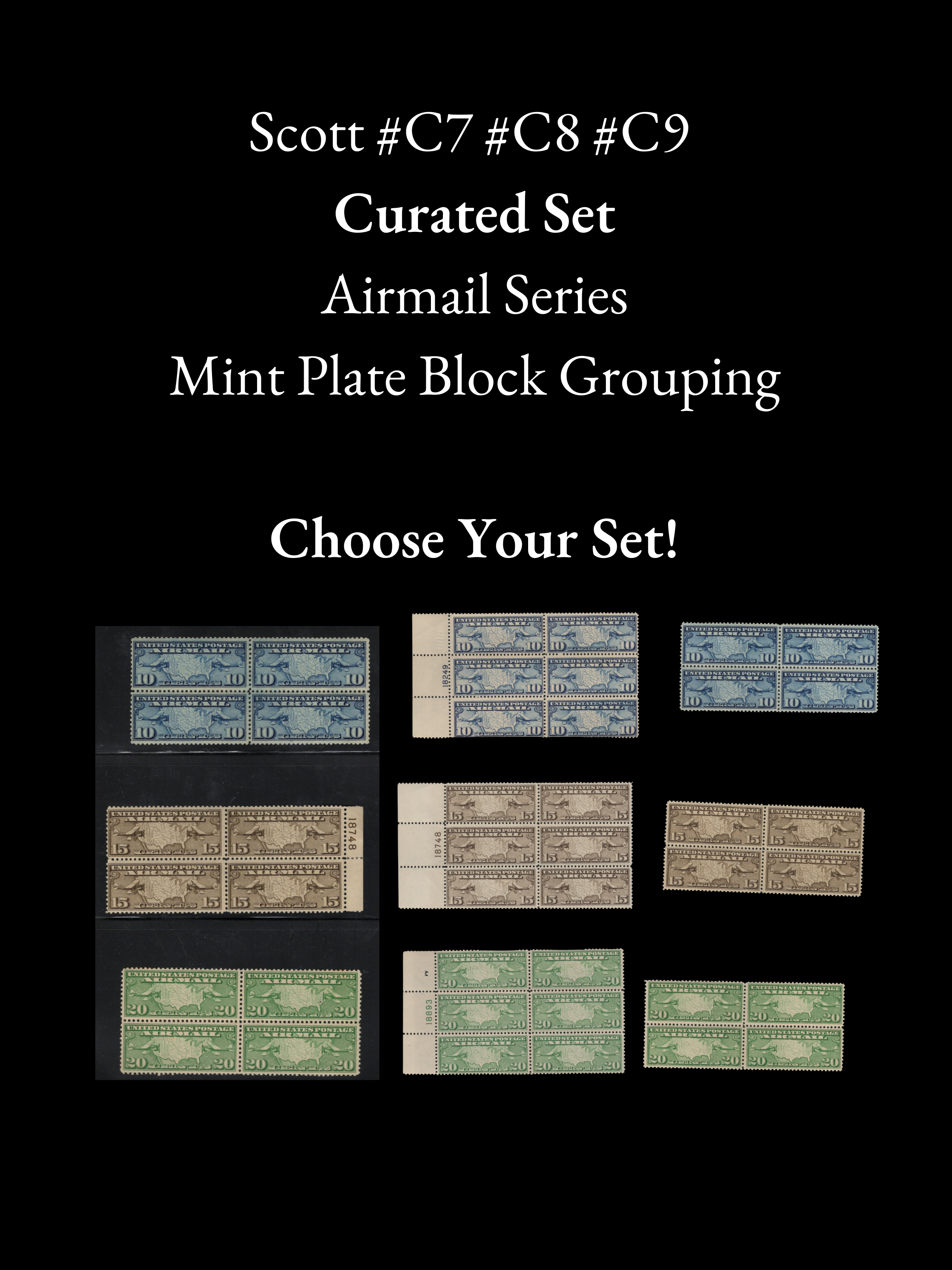 Scott #C7 #C8 #C9 - Curated US Airmail Map Stamp Sets -  MNH Blocks of 4 & 6 Plate Number Options