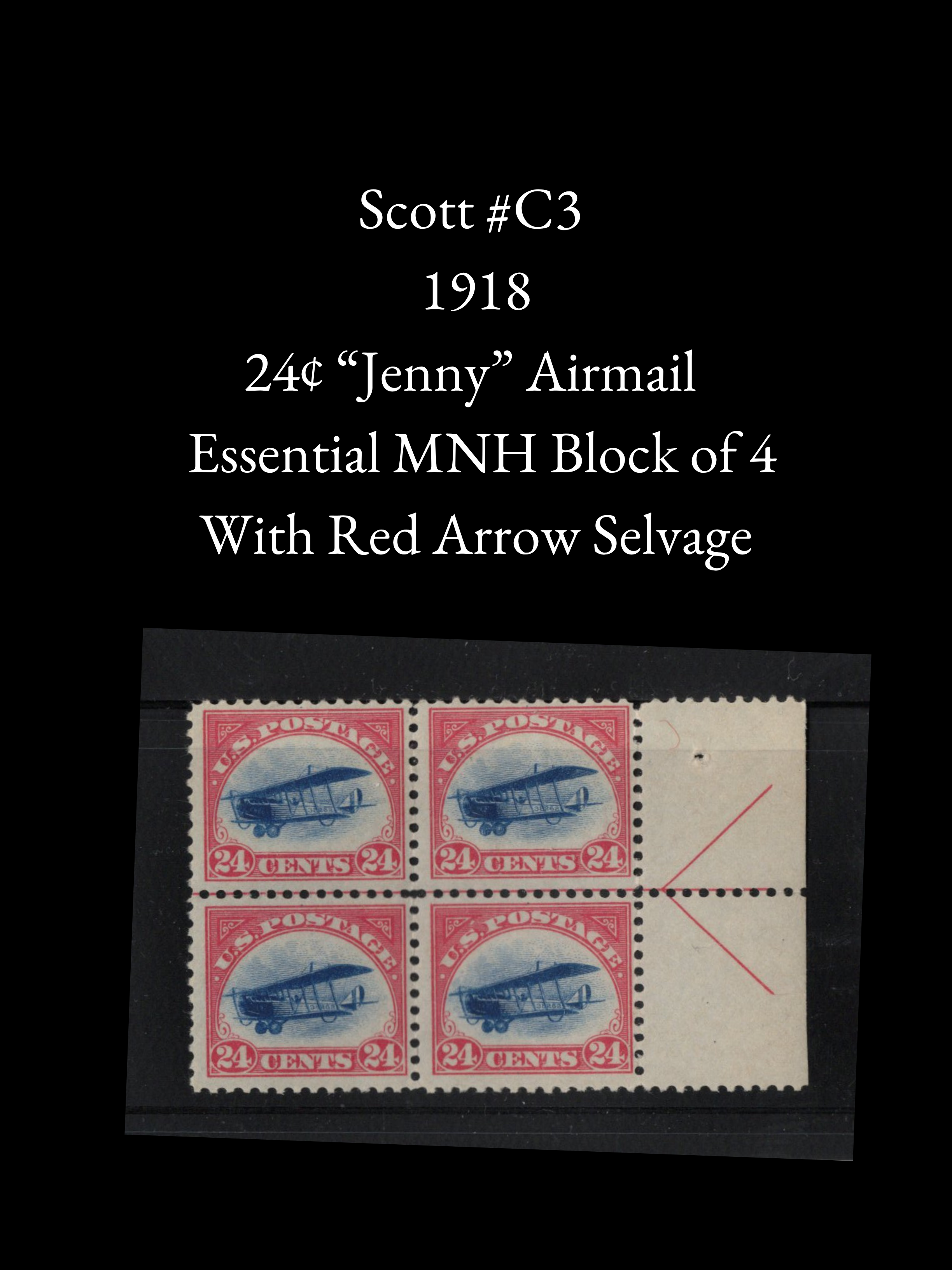 Scott #C3 Mint "Jenny" - Never Hinged Block of 4 with Red Arrow Selvage