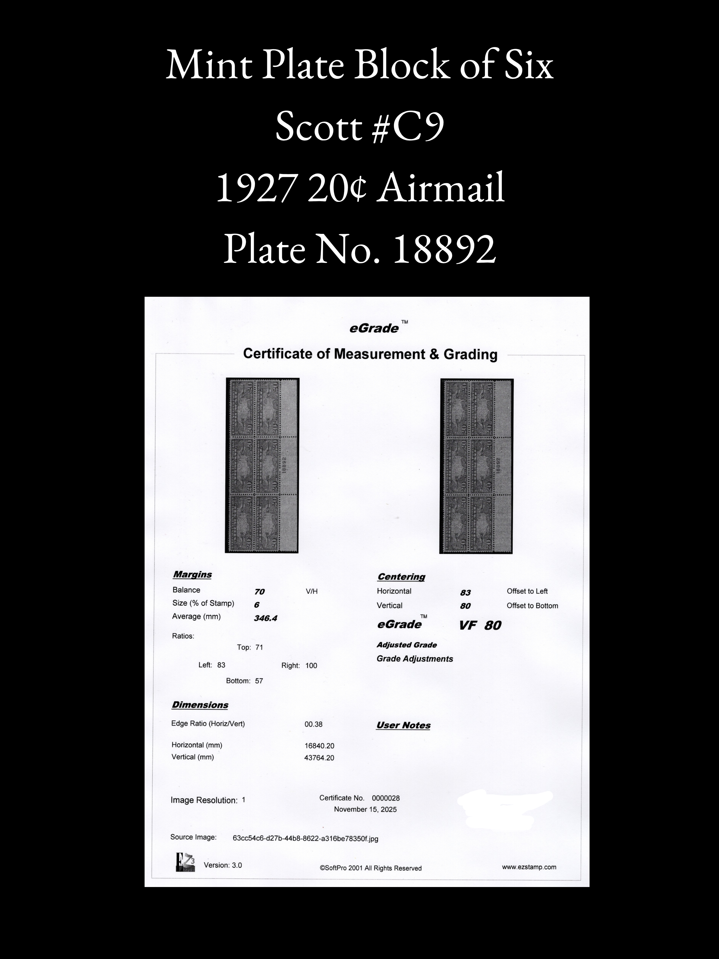 Scott #C8 - 1926 15¢ Airmail “Map and Airplane” Mint Plate Block of 6 