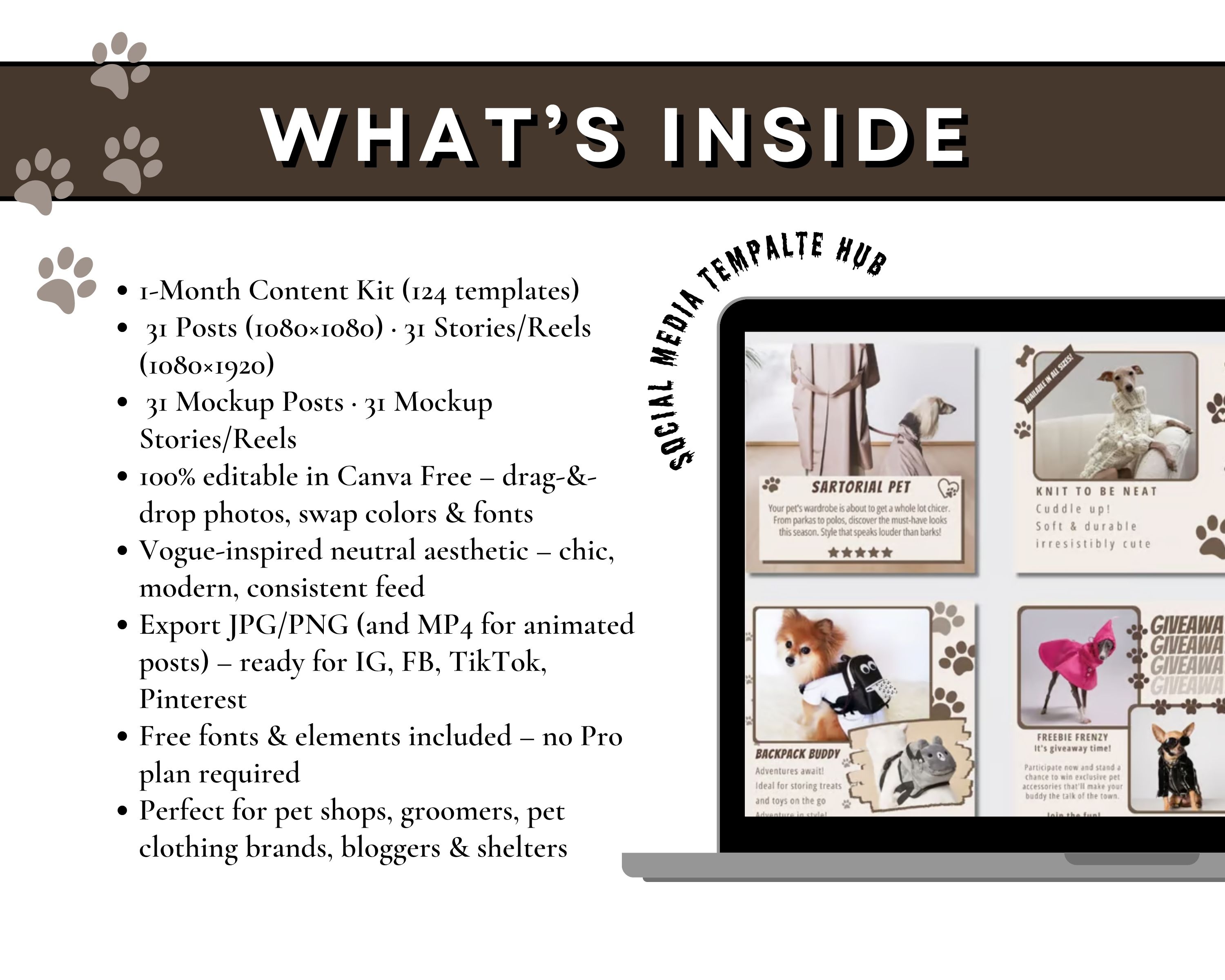 Paw Vogue Style Canva Templates – Luxury Pet Brand Social Media Kit (124 Editable Templates for Posts & Stories)