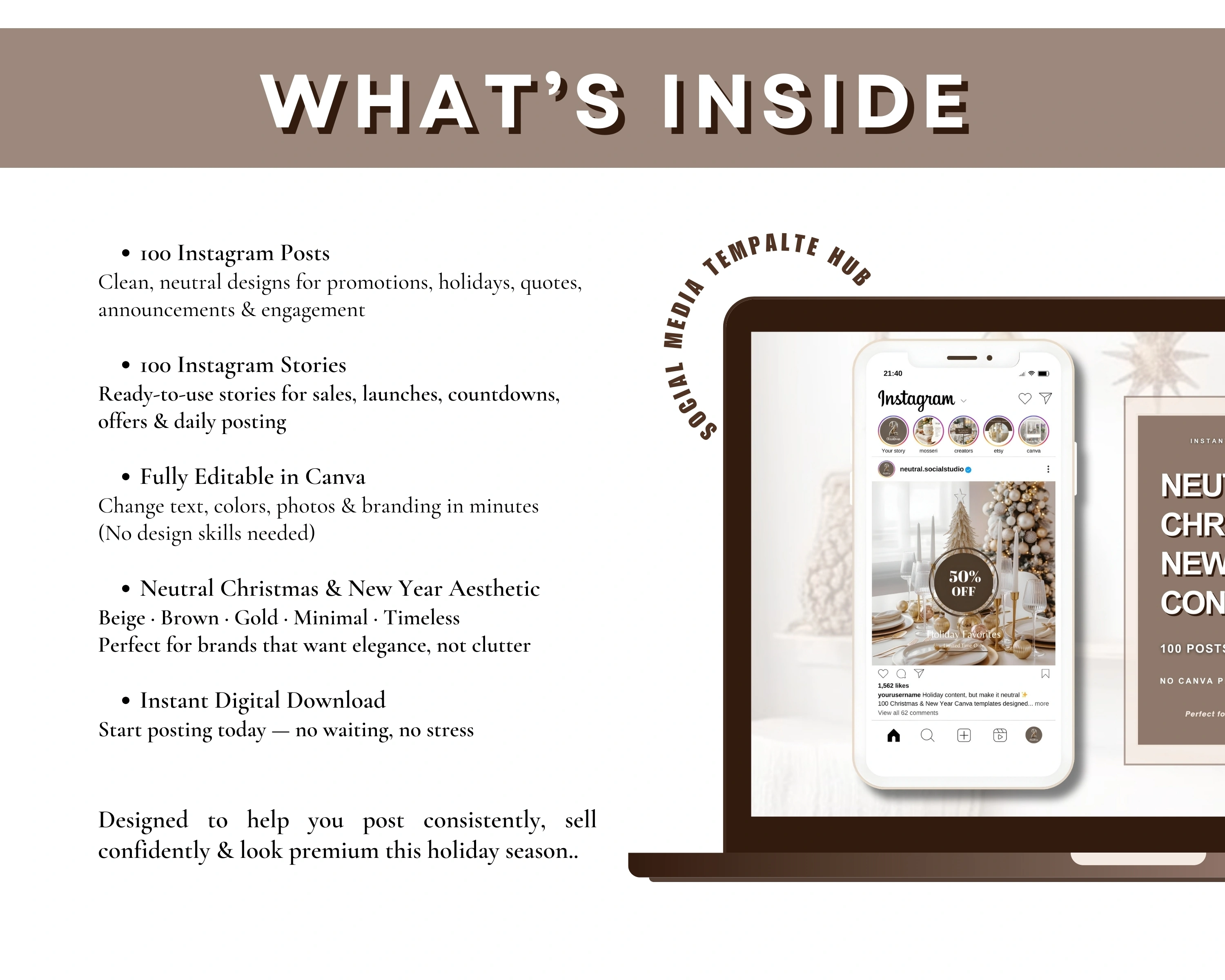 Neutral Christmas & New Year Canva Templates (100 Posts + 100 Stories)