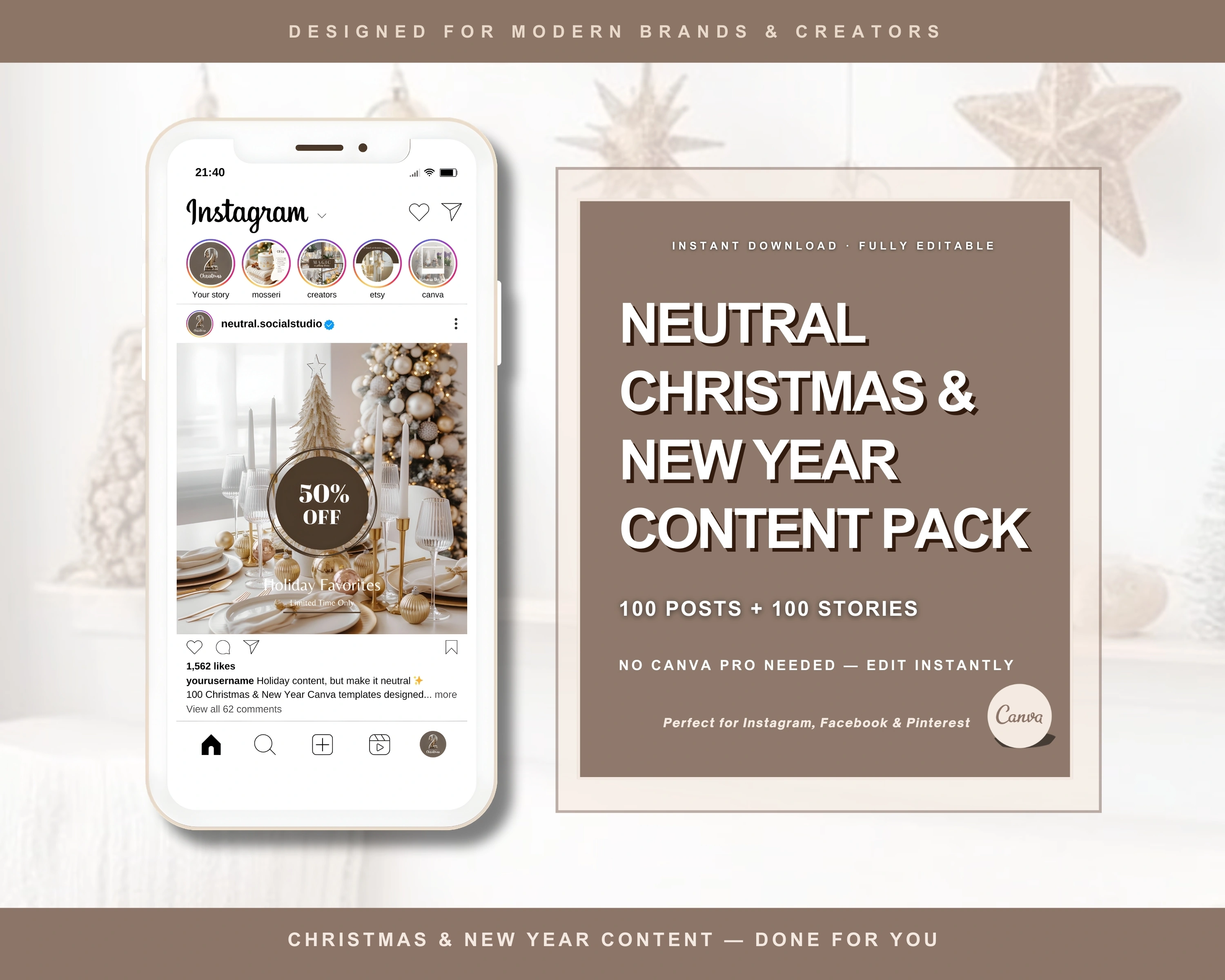 Neutral Christmas & New Year Canva Templates (100 Posts + 100 Stories)