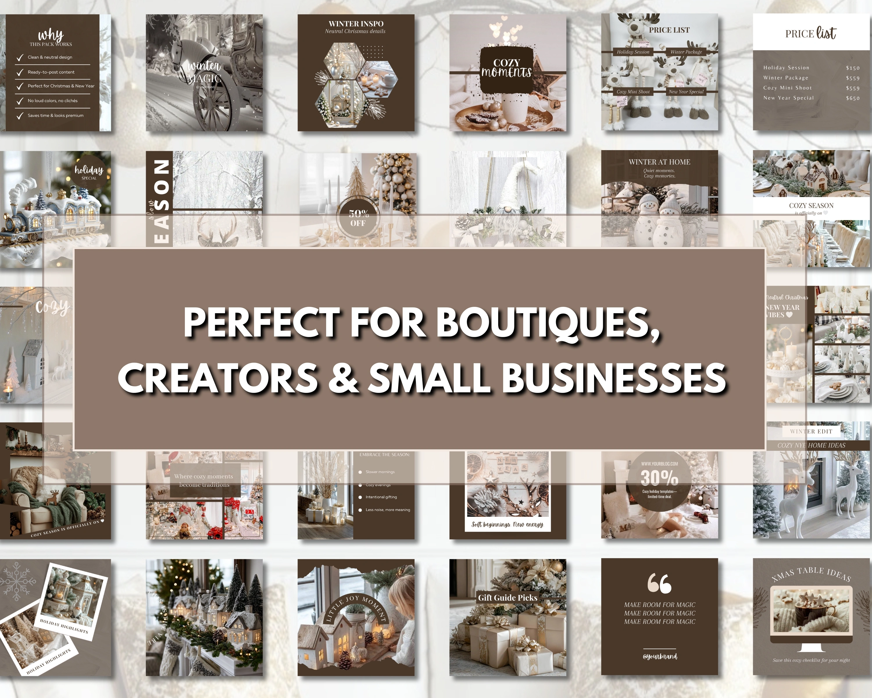 Neutral Christmas & New Year Canva Templates (100 Posts + 100 Stories)