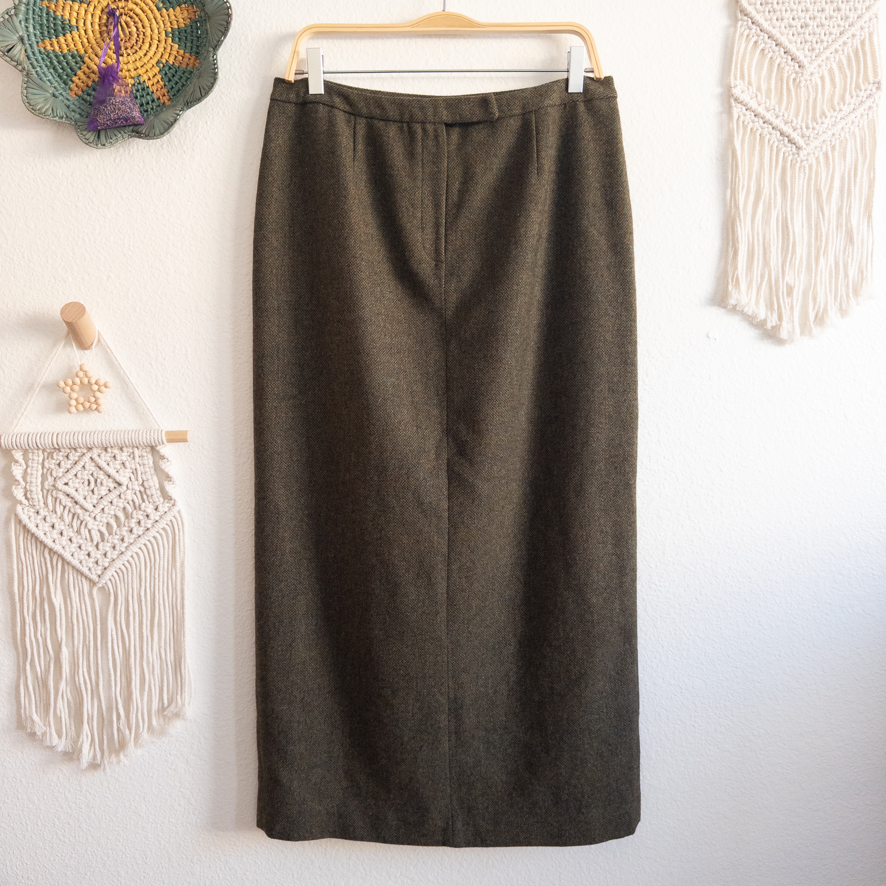 Lauren Ralph Lauren Lambswool Classic Khaki Green Wool Maxi Skirt Size 14