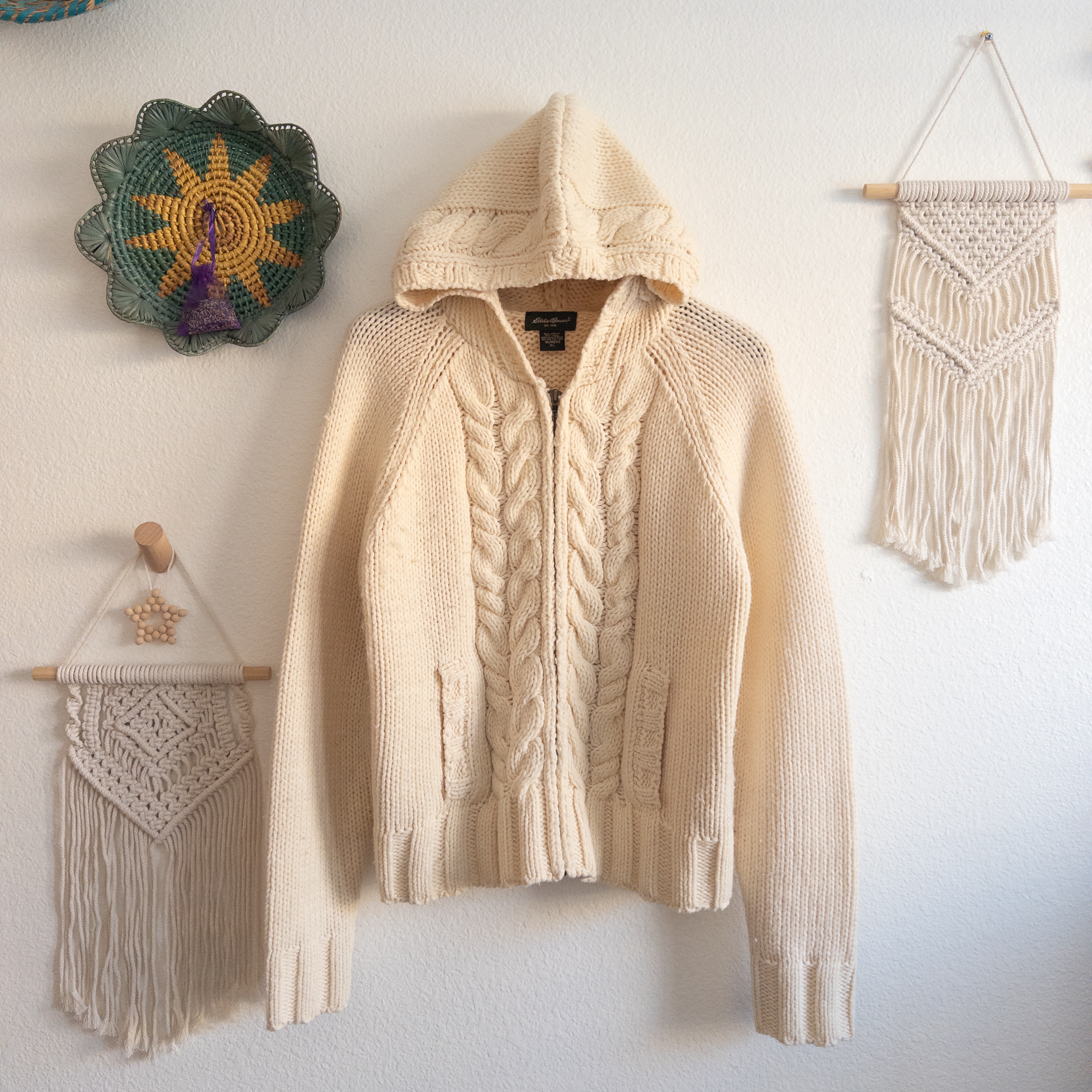 Eddie Bauer Wool Blend Cream Chunky Cable Knit Sweater Size XL