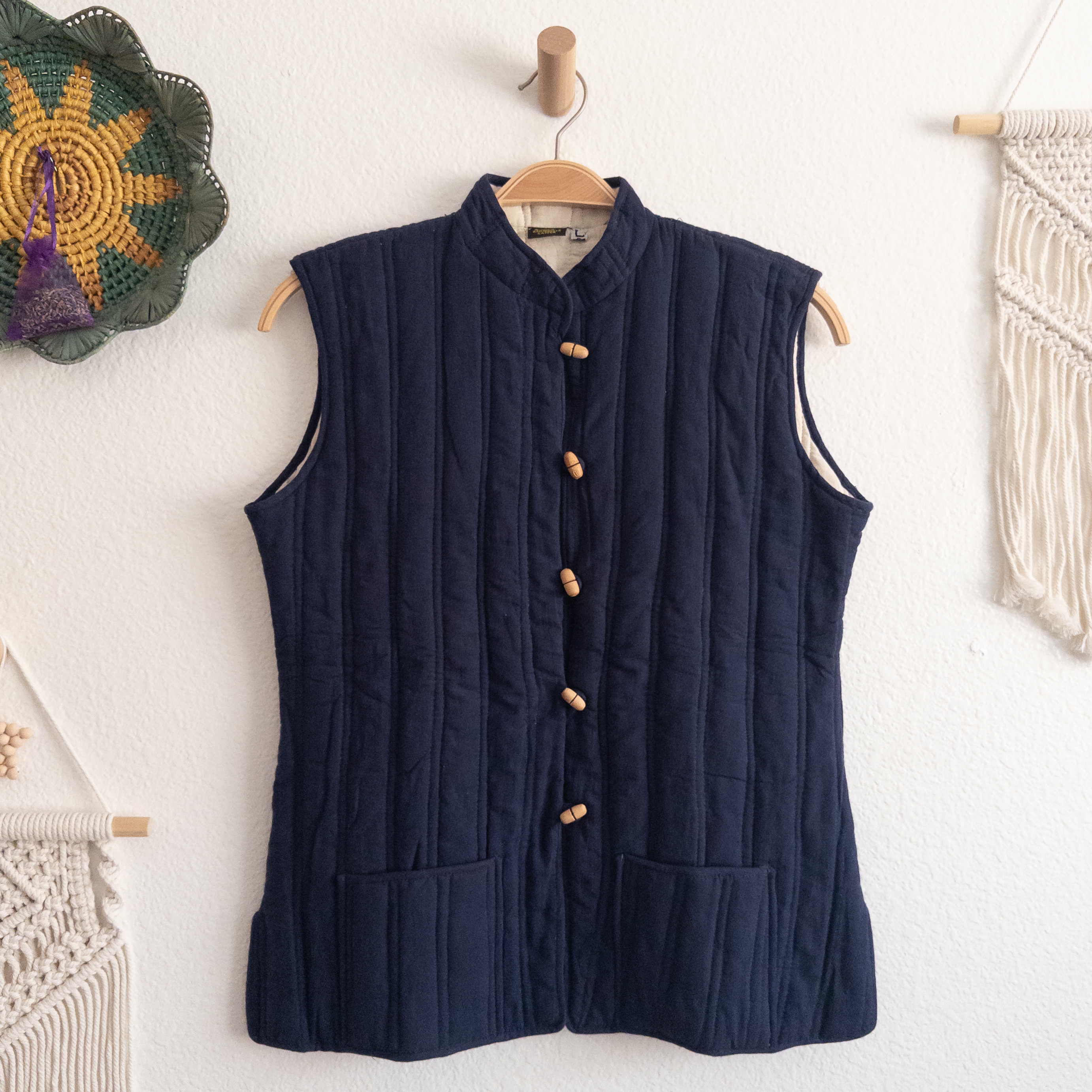 Navy Quilted Button-Down Vest with Wood Buttons Size Large