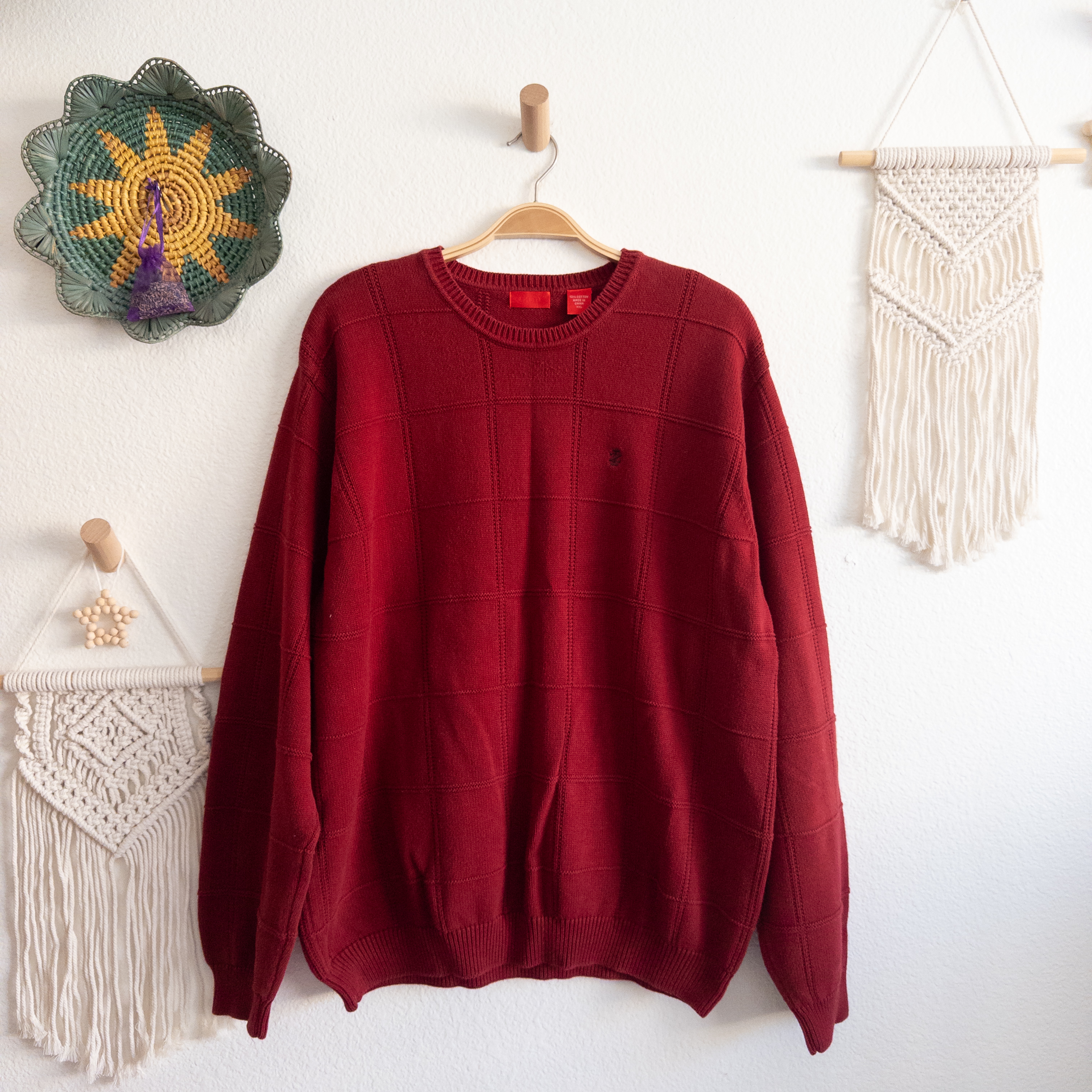 IZOD Classic Maroon Red Knit Windowpane Sweater Size XXL Vintage