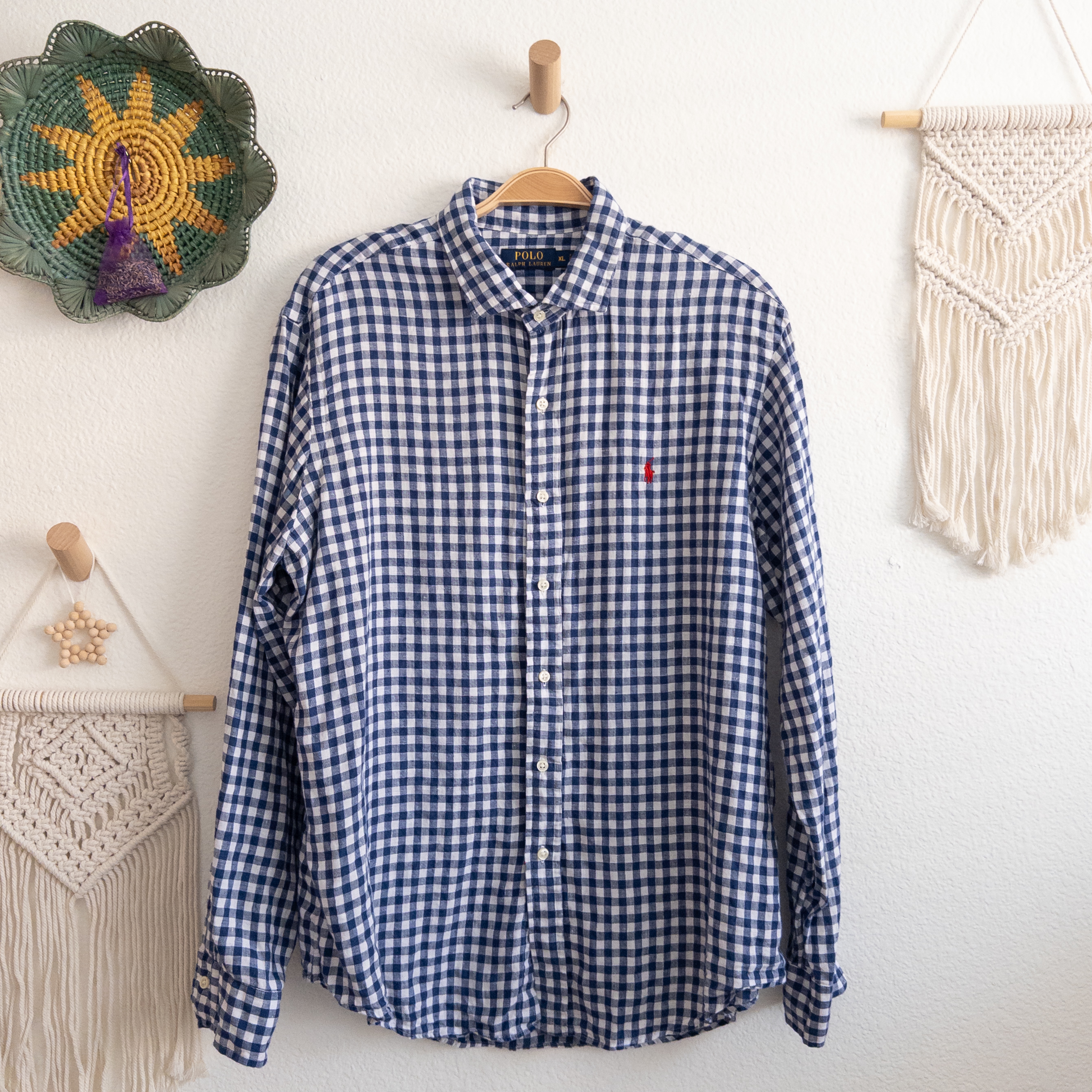 Polo Ralph Lauren 100% Linen Blue and White Gingham Button Down Shirt Size XL