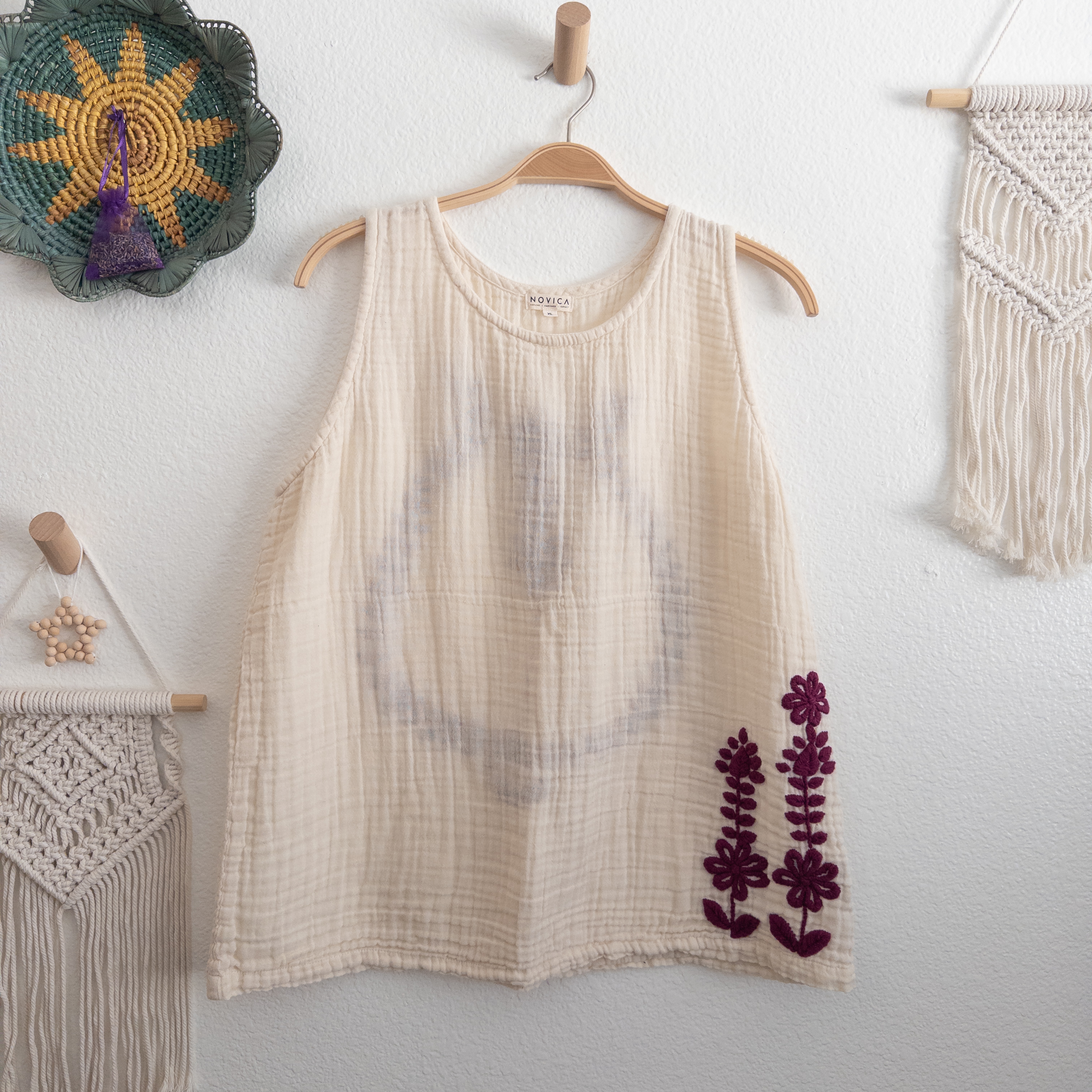 Novica Beige Cream Gauzy Cotton Bohemian Floral Embroidered Tank Top Size XL