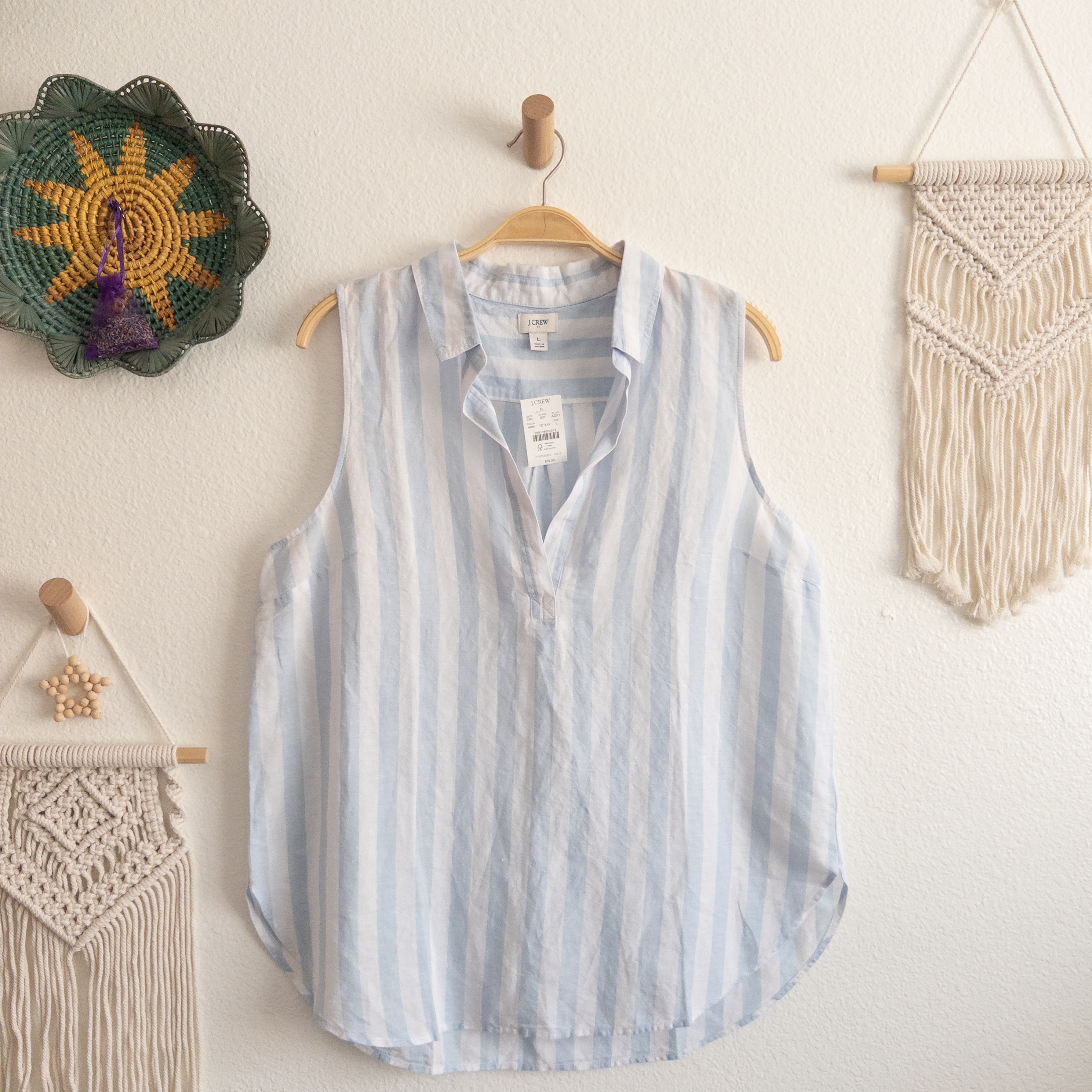 J. Crew Factory Blue White Linen Blend Striped Sleeveless Top Size Large