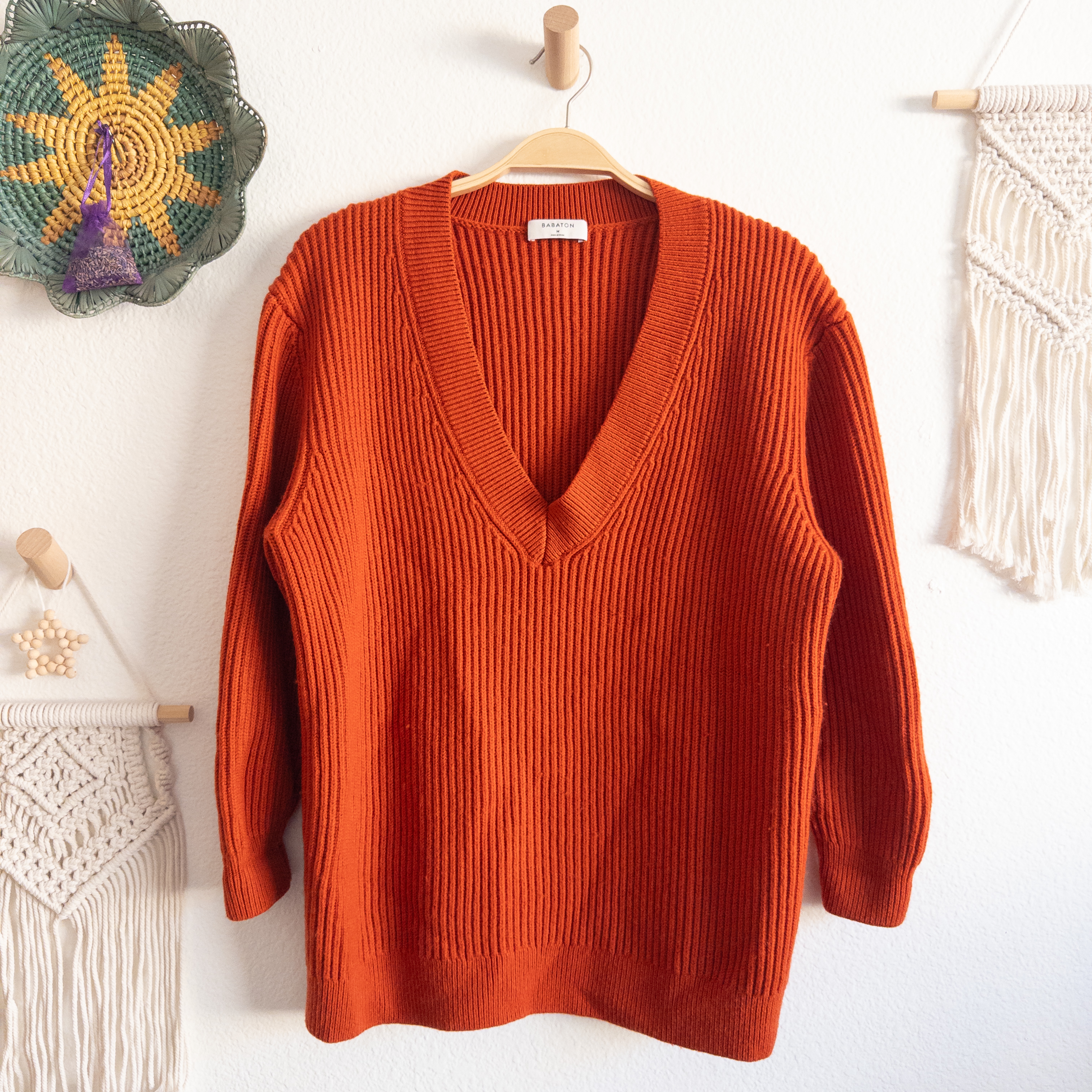 Babaton Rust Orange Roger Oversized 100% Wool Chunky Knit Sweater Size Medium