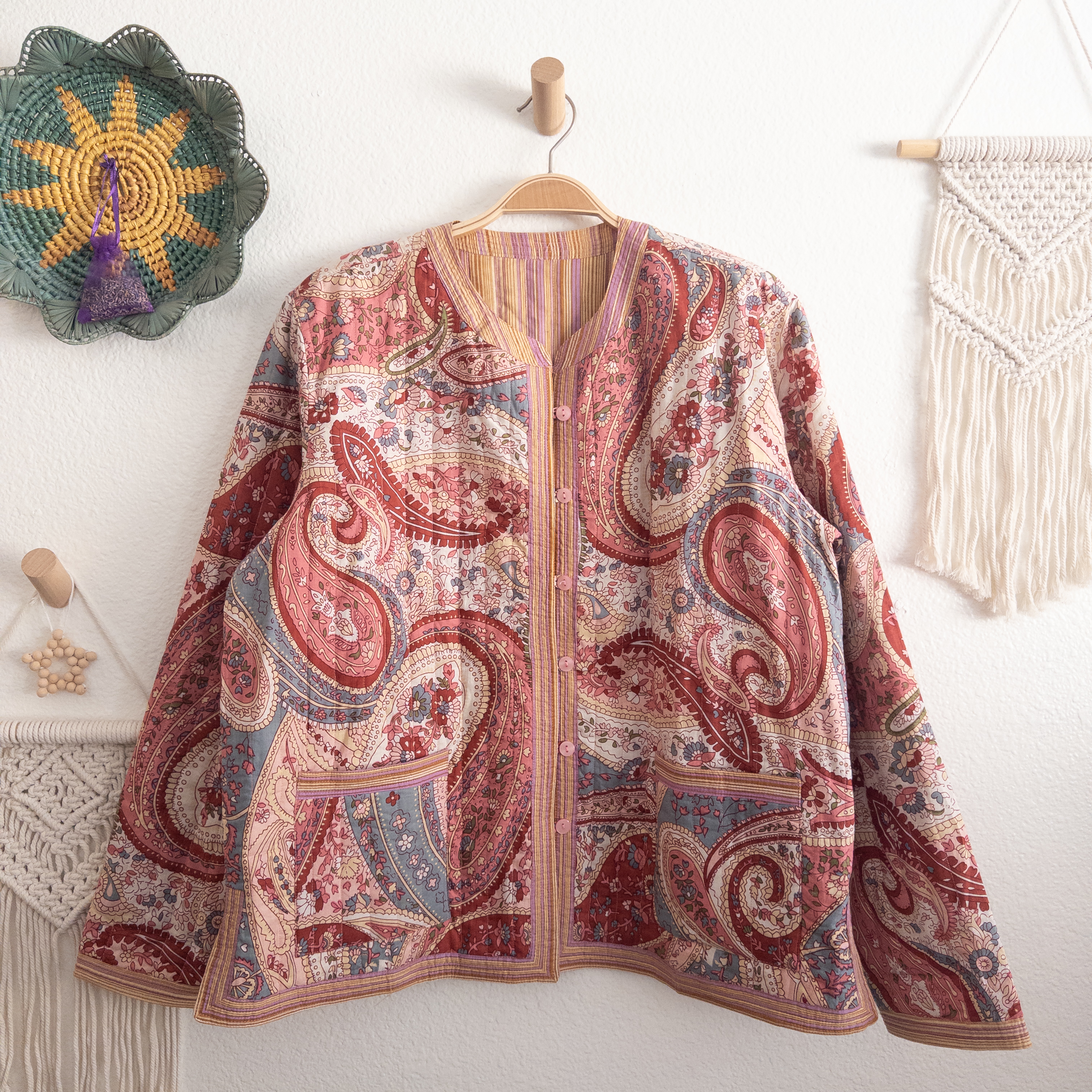 One-Of-A-Kind Handmade Paisley Stripe Reversible Quilted Jacket 
