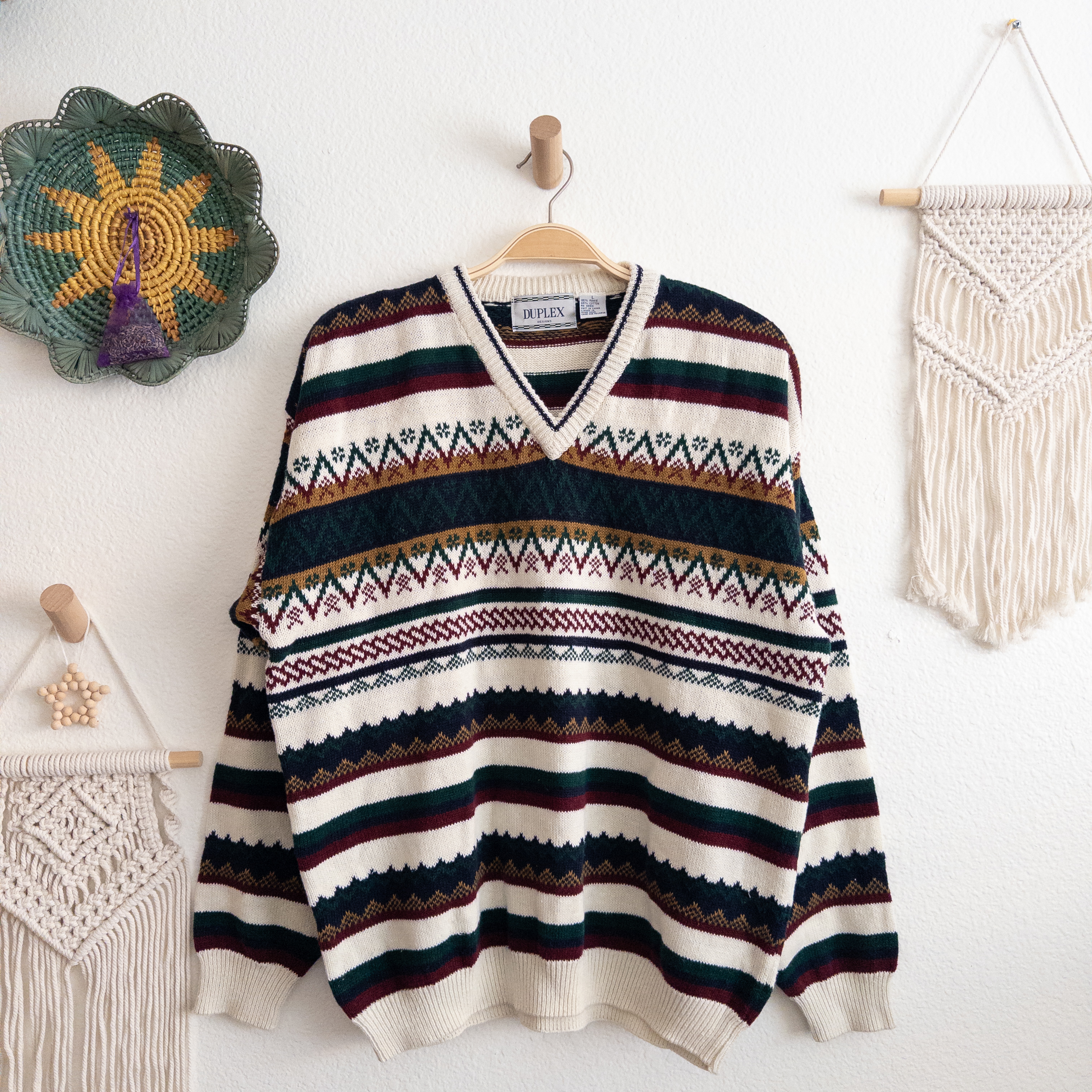 Duplex Vintage Ramie Cotton Grandpa Fair Isle Nordic Knit Sweater Large