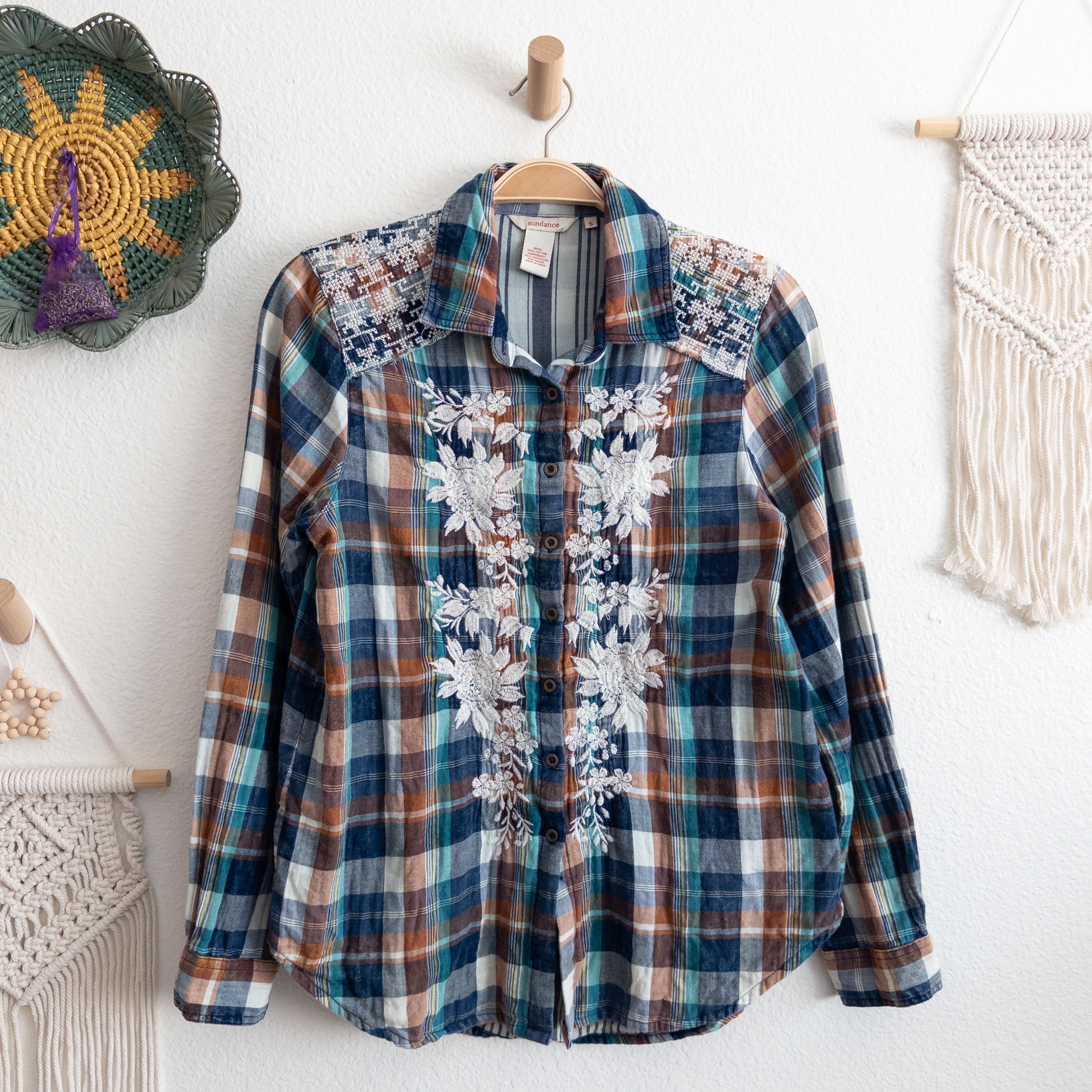 Sundance Quiet Canyon Western Boho Floral Embroidered Plaid Button Down Shirt Small