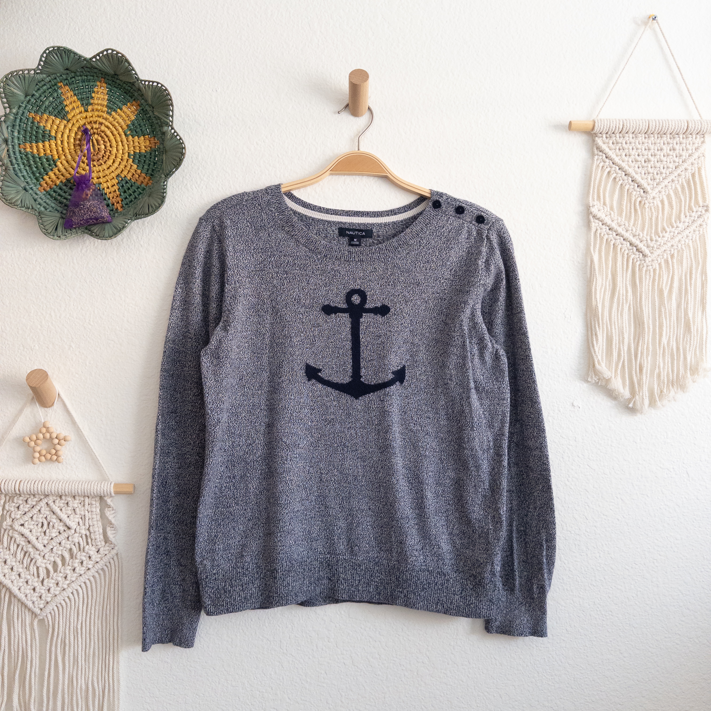 Nautica Navy and White Marled Nautical Anchor Sweater Size Medium