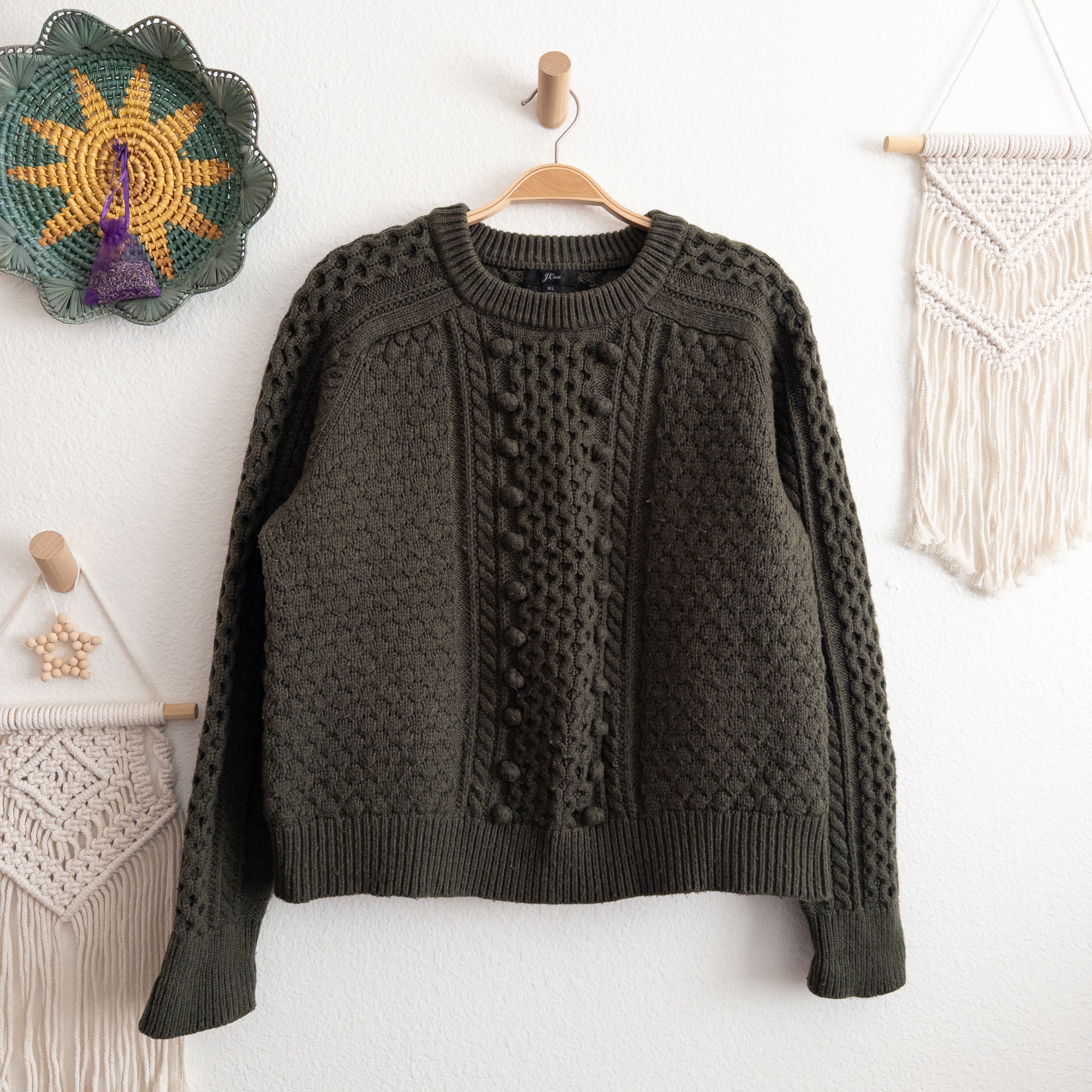 J. Crew Green Pom Pom Lambswool Blend Cable Knit Sweater Size XL