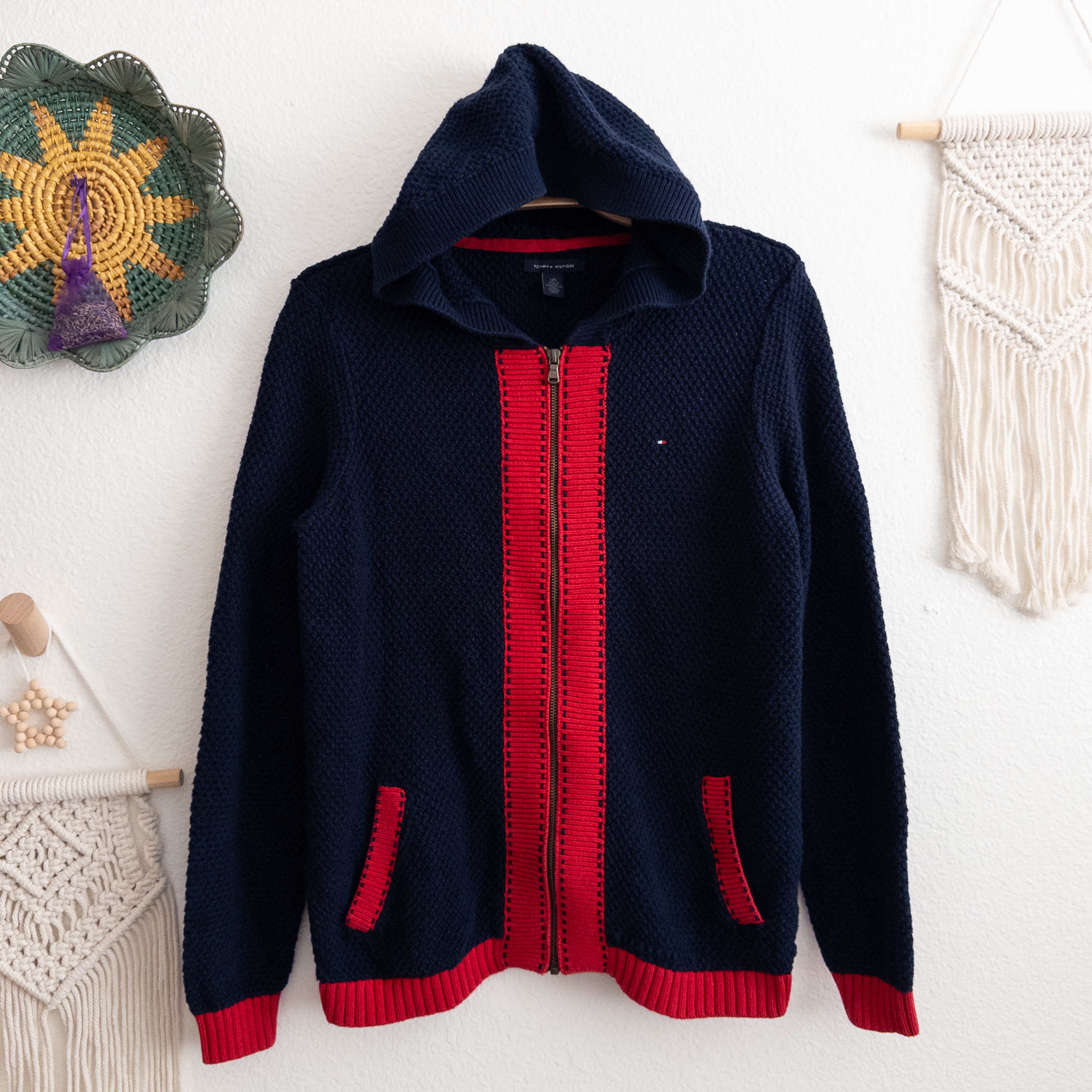 Tommy Hilfiger Navy and Red Zip Up Hooded Chunky Knit Sweater Size Large