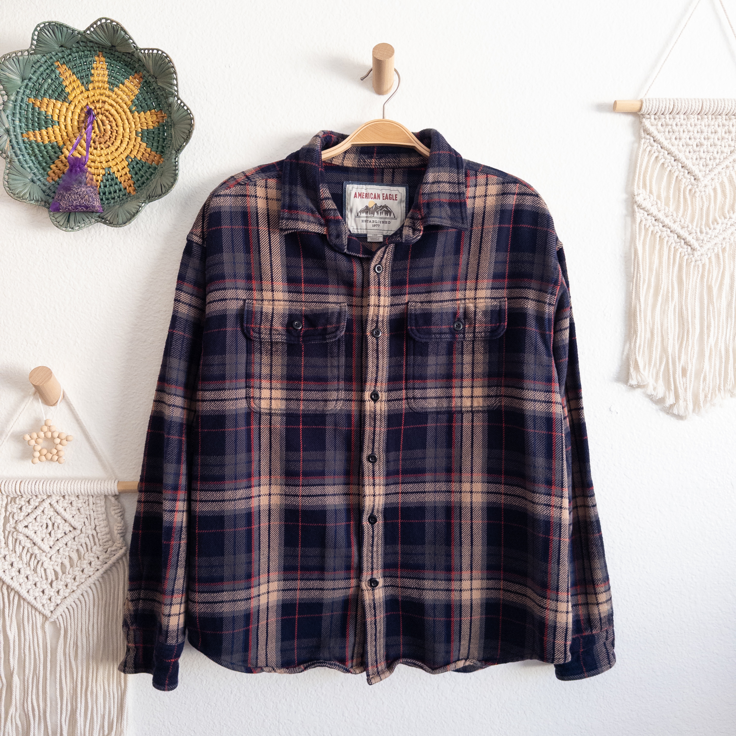 American Eagle Heavy Plaid Flannel Button Down Shirt Size Large