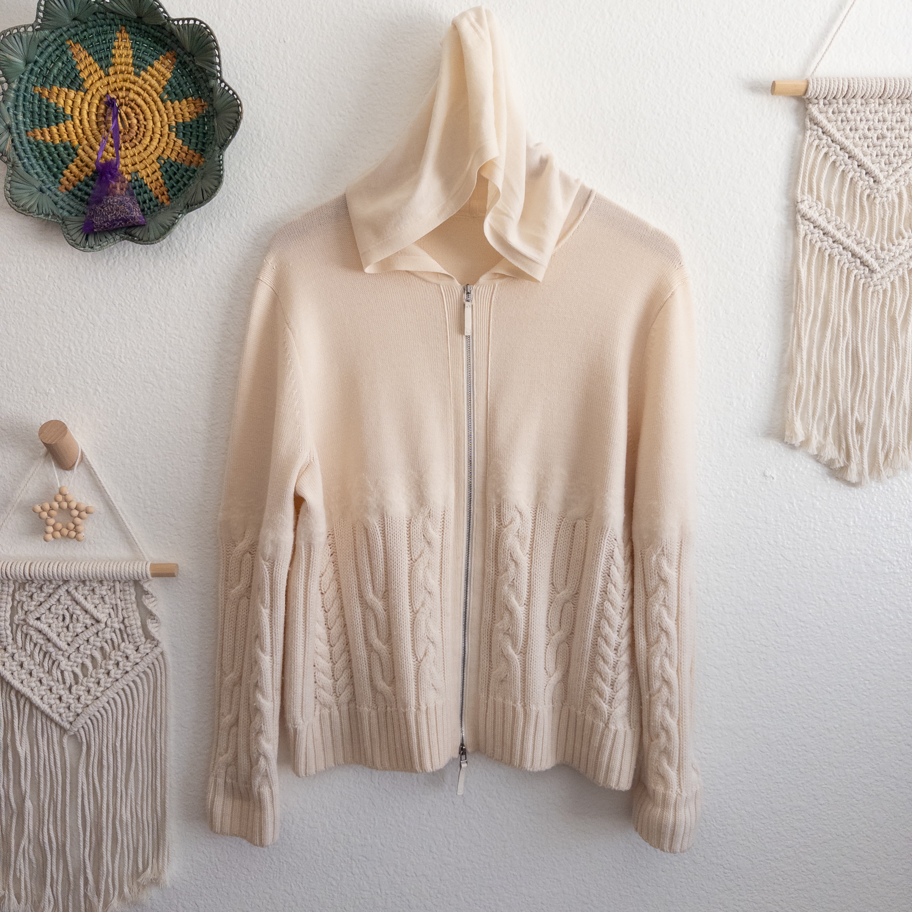 Lafayette 148 New York Fine Gauge Wool Cable Knit Cream Hooded Zipper Sweater