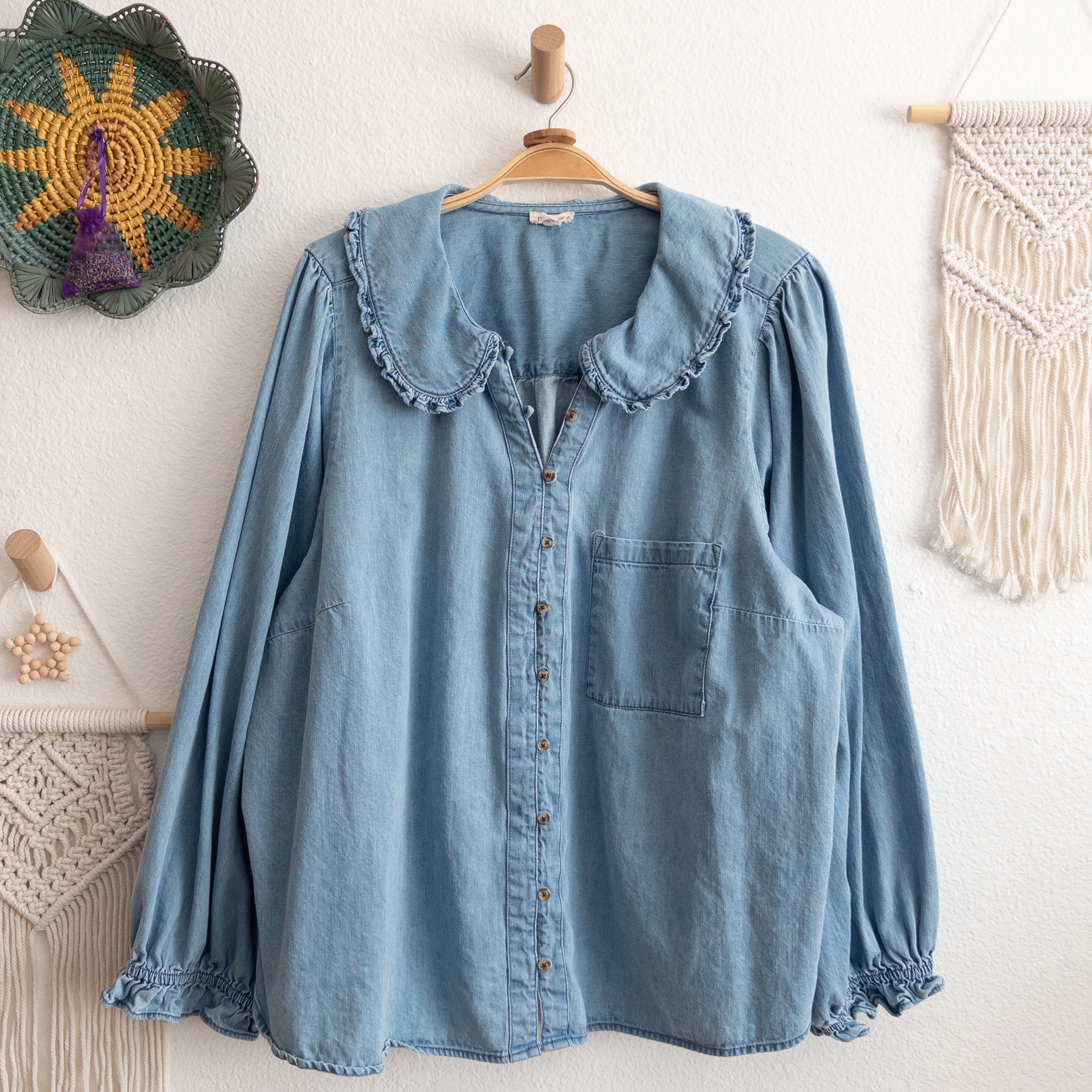 Pilcro The Keira Collared Chambray Denim Balloon Sleeve Plus Size 3X