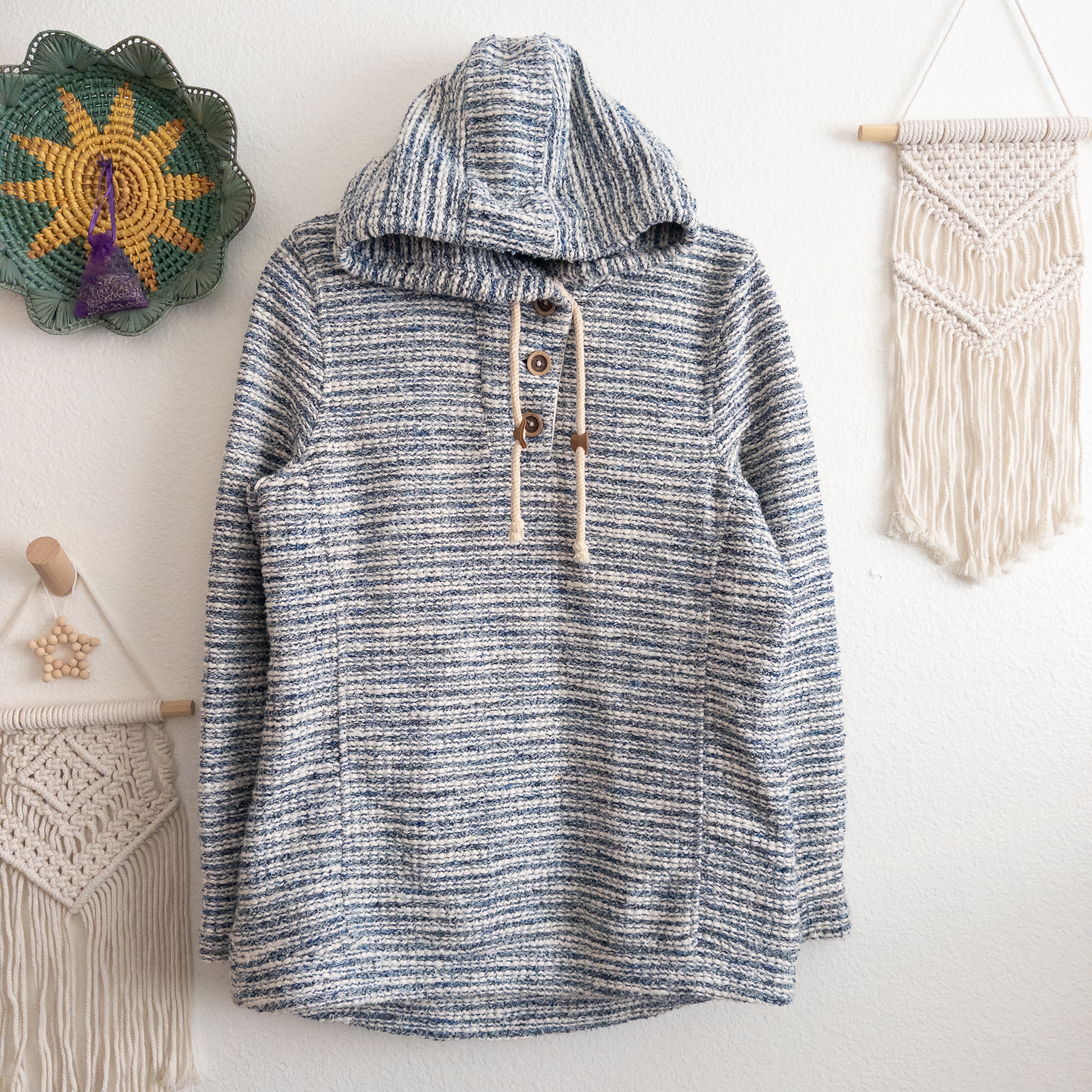 Weird Fish Estado Slub Knit Hoodie Sweatshirt Blue and White Size 16