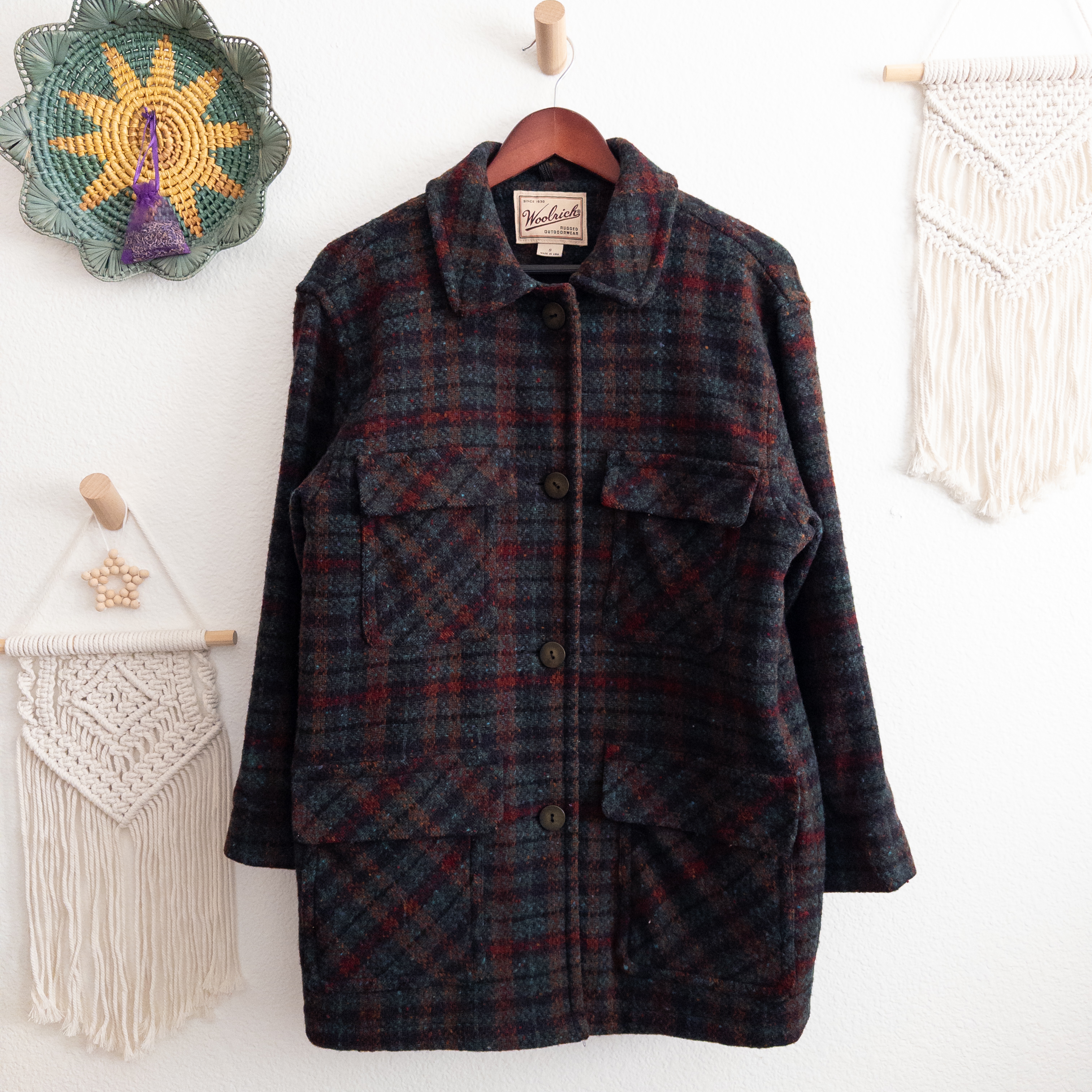 Vintage Woolrich Wool Blend Plaid Tweed Pea Coat Size Small USA