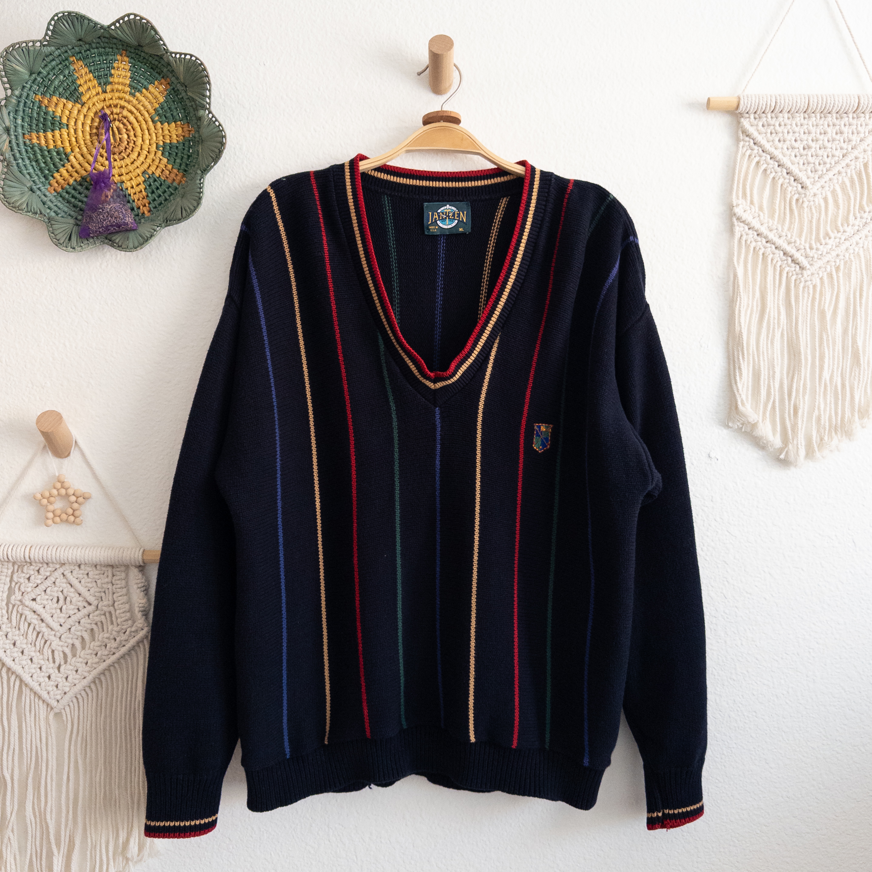 Jantzen Navy Stripe V-Neck Sweater Size XL Vintage