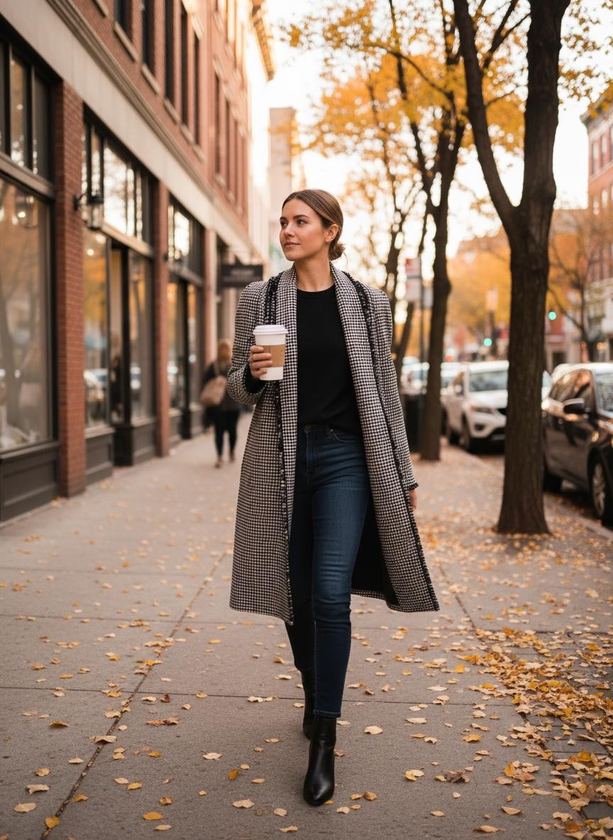 Houndstooth Longline Coat Cardigan Cream Black Open Front Small