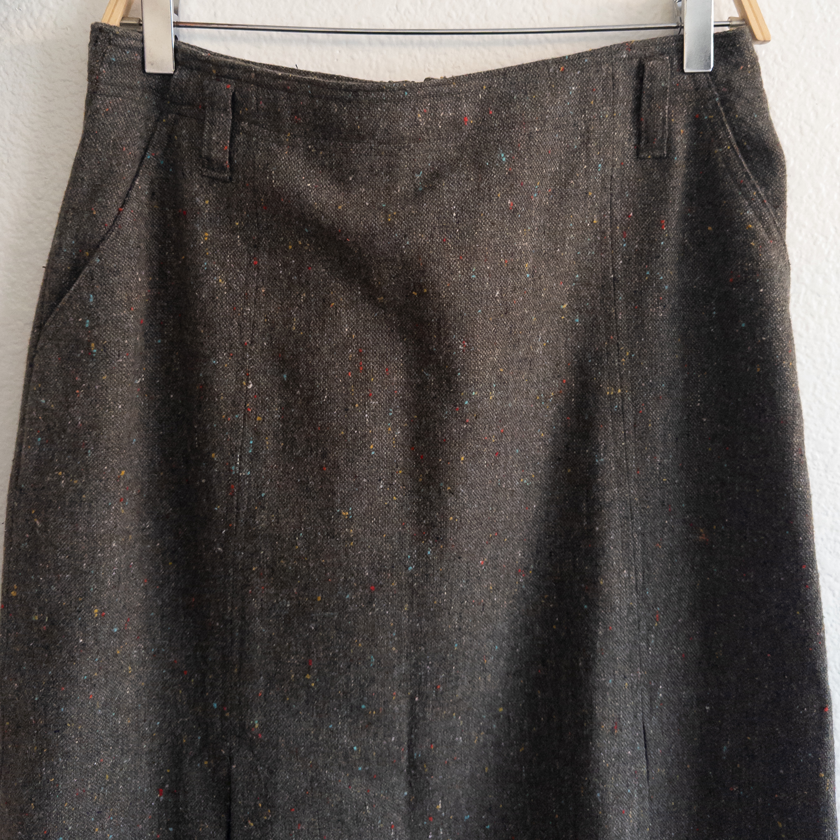 Vintage Wool Blend A-line Tailored Pleated Khaki Specked Midi Skirt