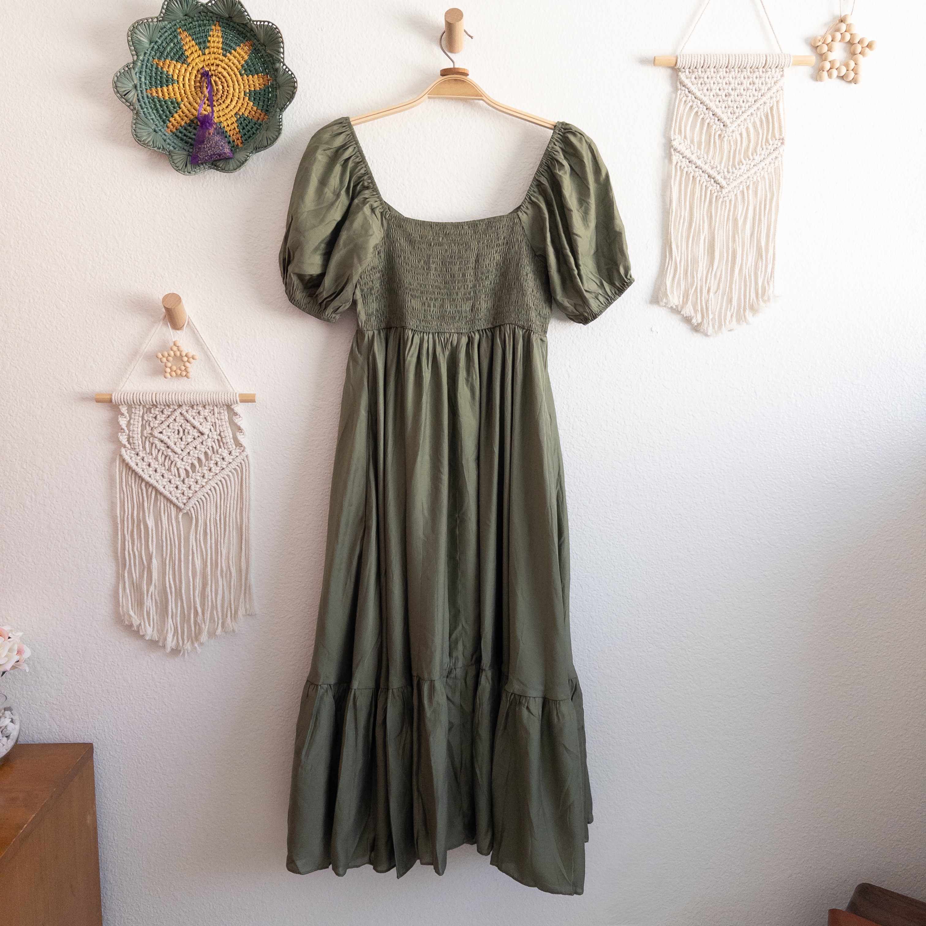 Baltic Born Olive Green Puff Sleeve Annalisa Midi Dress Size Small NWT