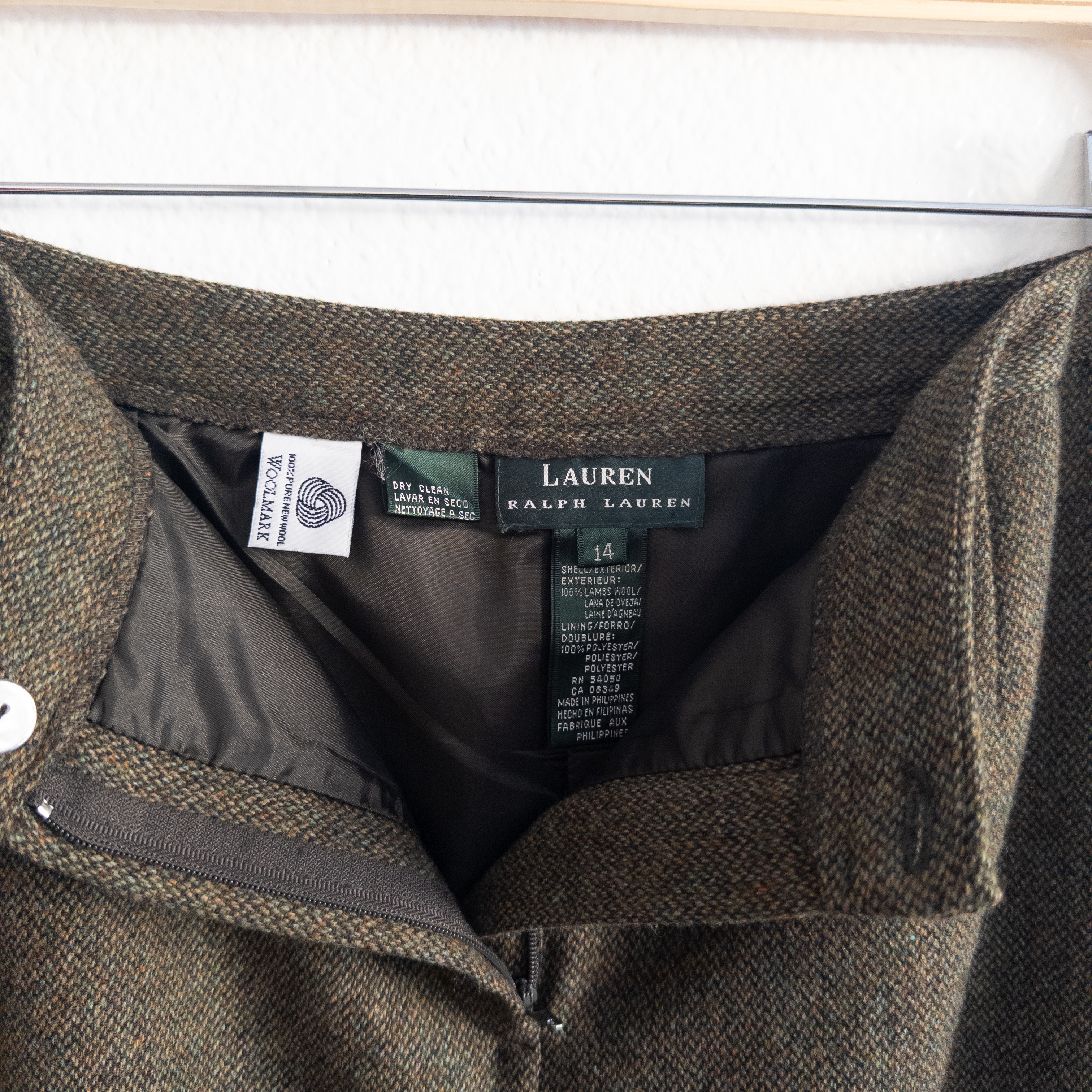 Lauren Ralph Lauren Lambswool Classic Khaki Green Wool Maxi Skirt Size 14