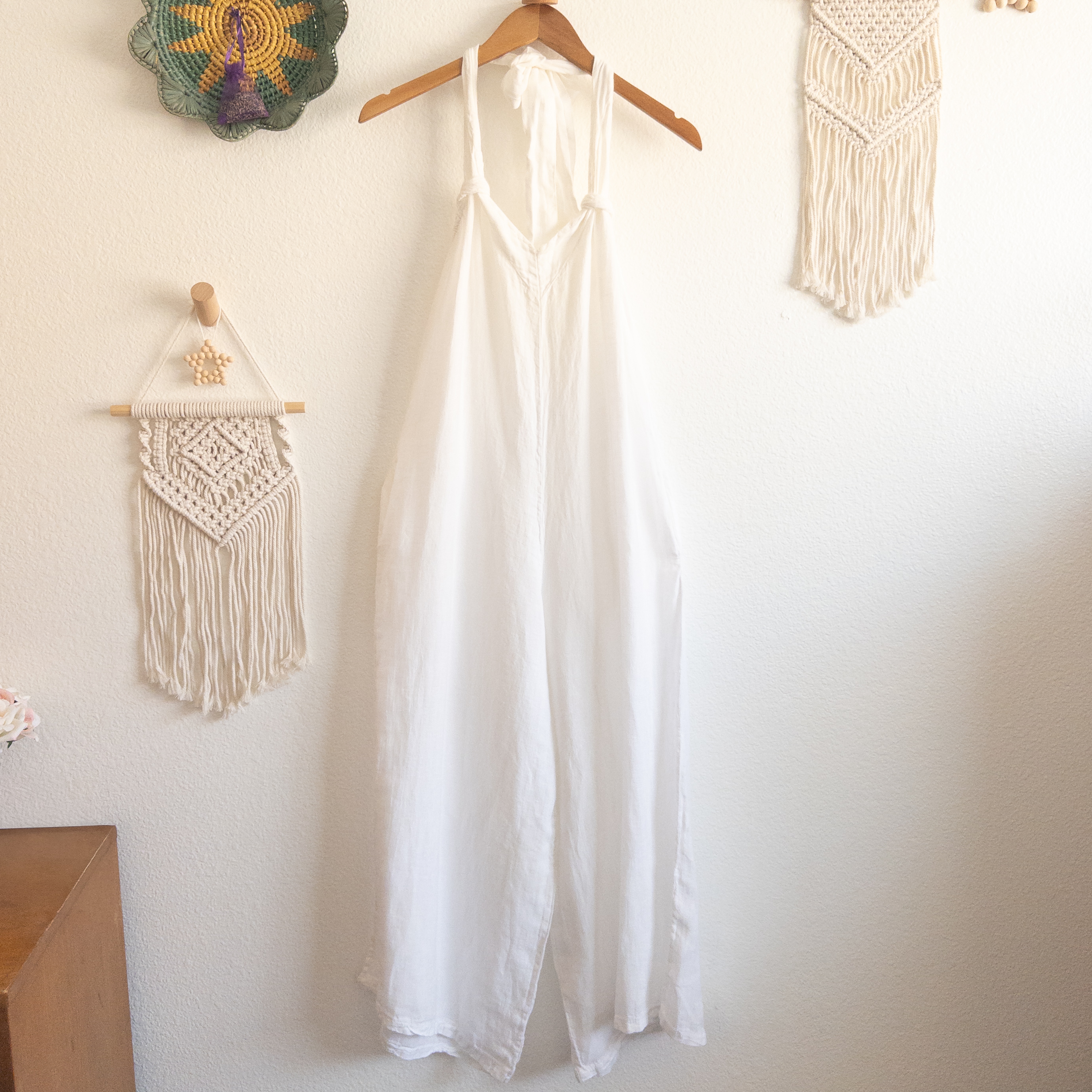 White Pure Linen Boho Wide Leg Jumpsuit Ties at the Neck