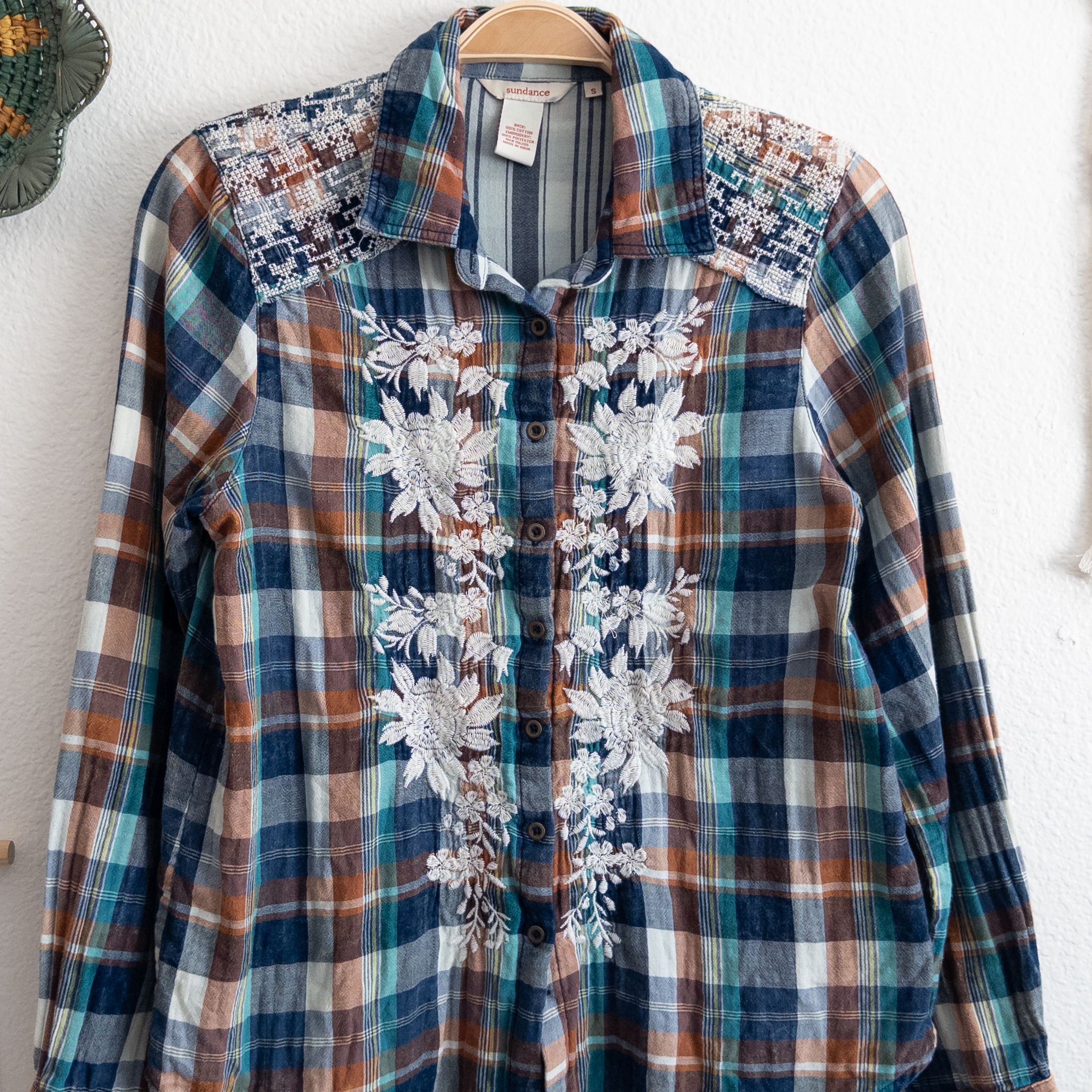 Sundance Quiet Canyon Western Boho Floral Embroidered Plaid Button Down Shirt Small