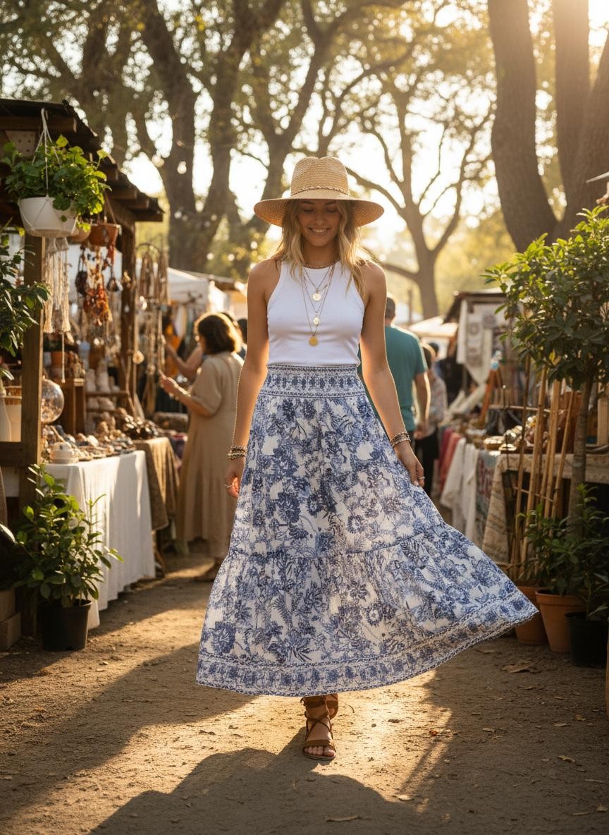 Boho Blue and White Floral Maxi SkirtSize Medium