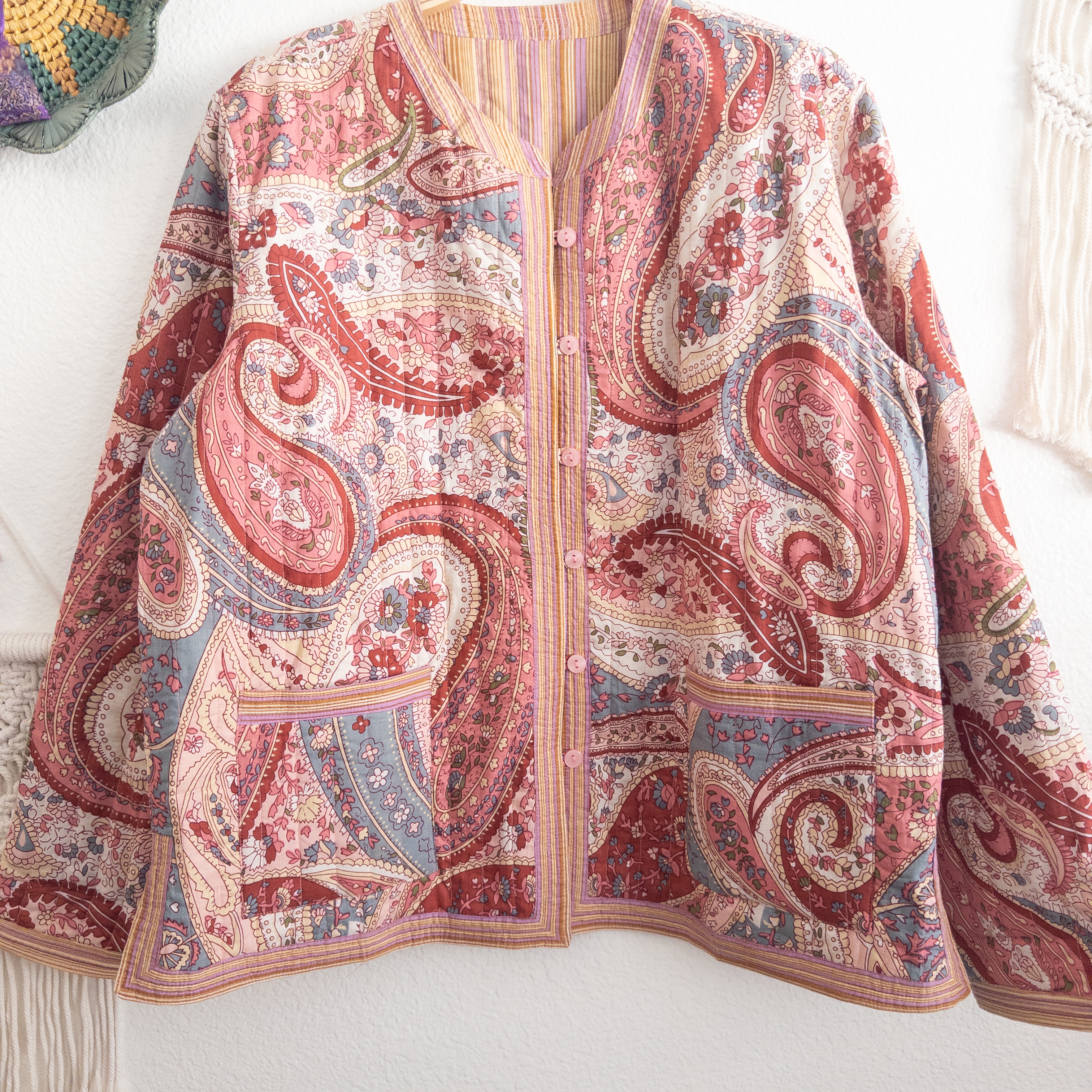 One-Of-A-Kind Handmade Paisley Stripe Reversible Quilted Jacket 