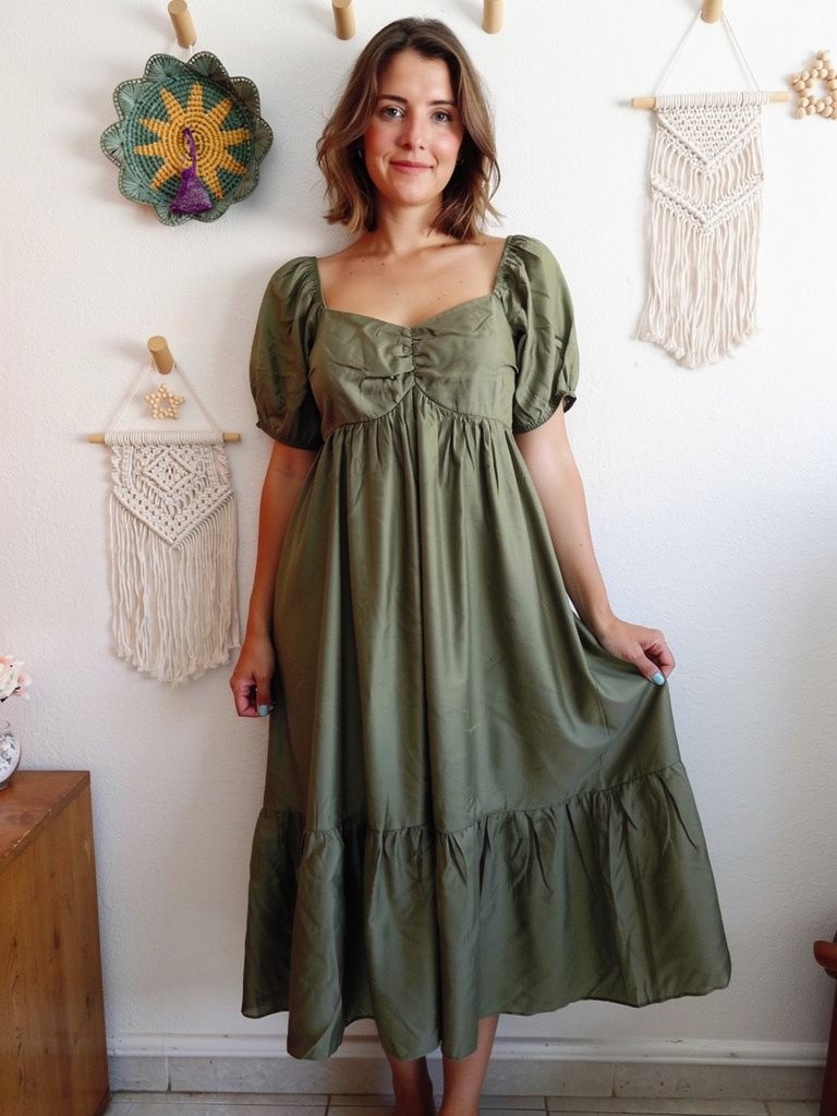 Baltic Born Olive Green Puff Sleeve Annalisa Midi Dress Size Small NWT