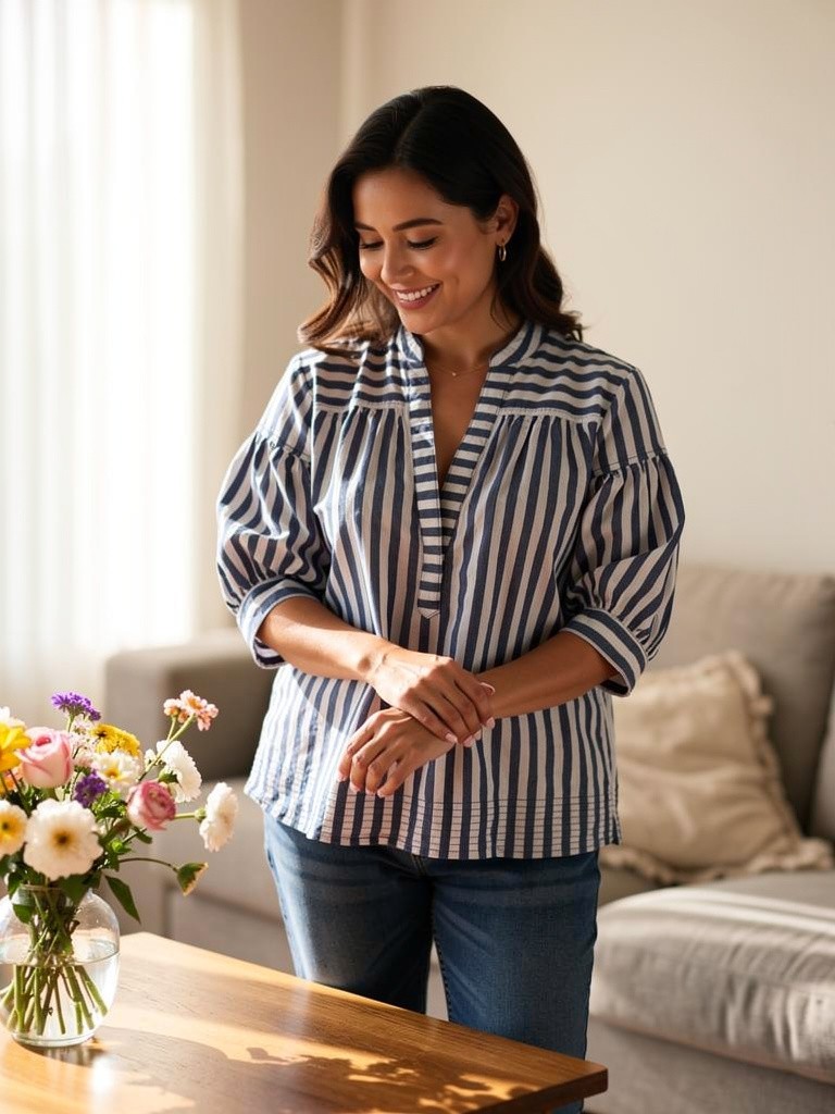 Striped Cotton Blouse by Anthropologie Darcy Popover Swing Top Size Medium