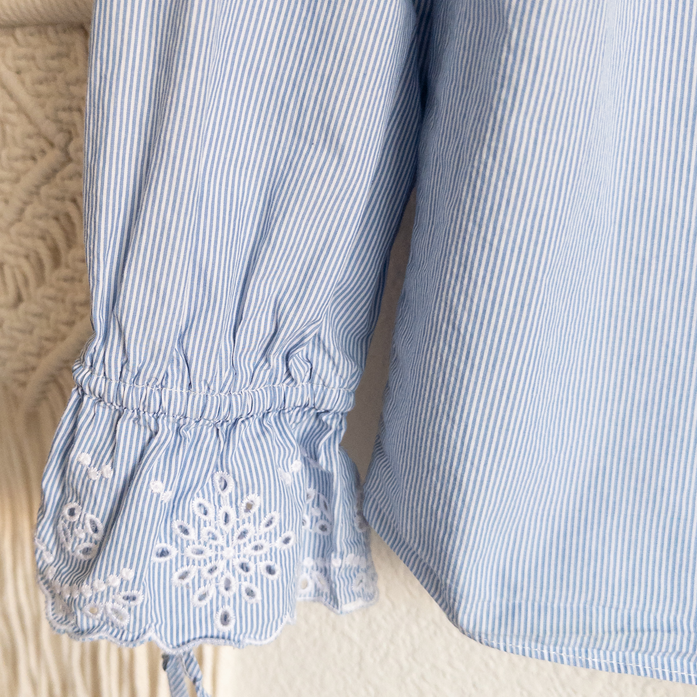Light Blue With White Pinstripes Bell Cuffs Button-Up Blouse Size Large